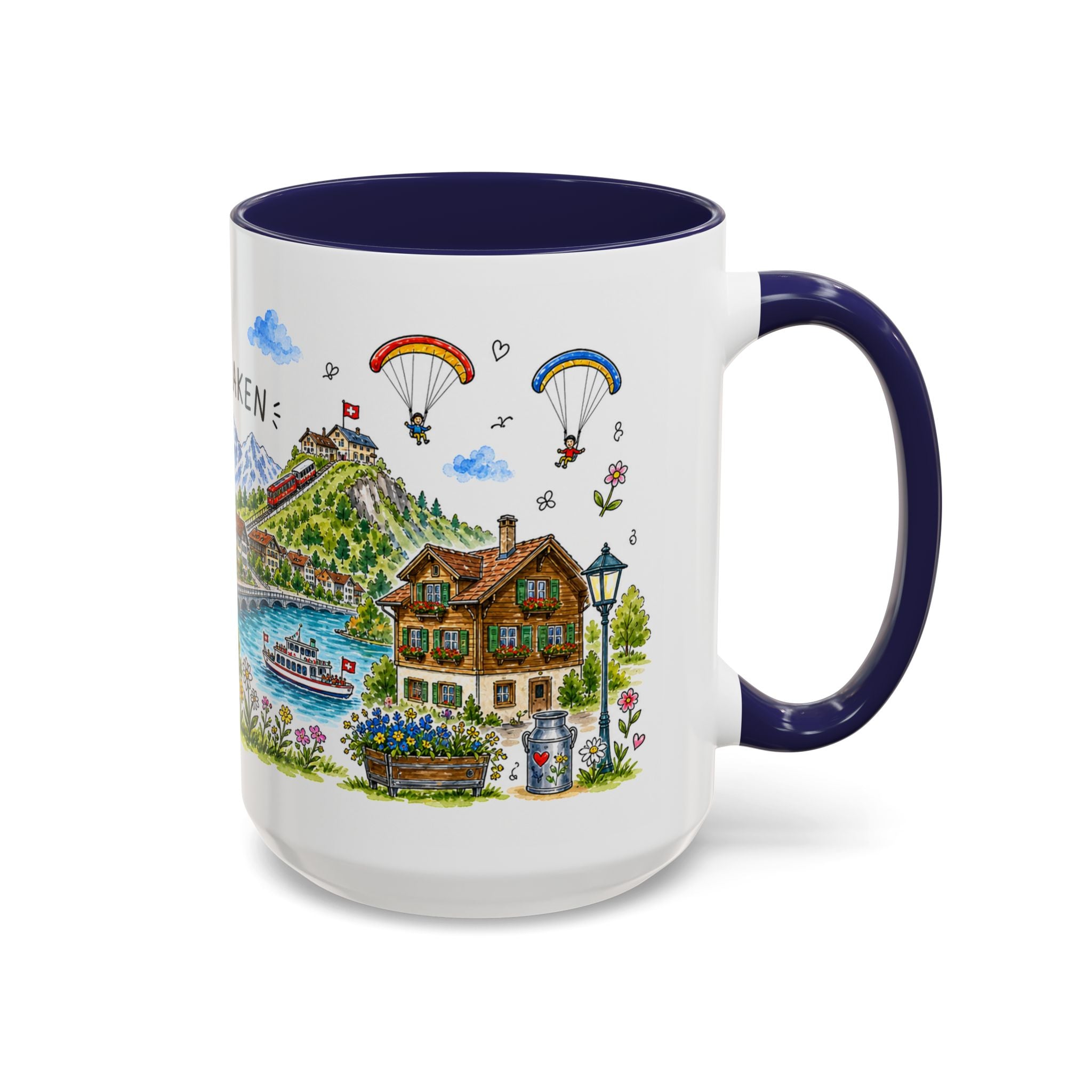 Interlaken Illustrated Travel Mug | Switzerland Souvenir Accent Coffee Mug | 11oz 15oz Ceramic Cup