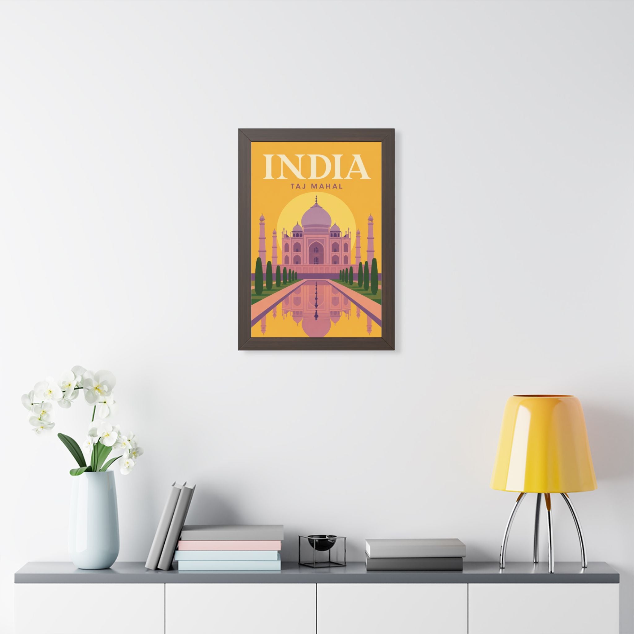 Taj Mahal India Framed Poster | Vintage Travel Wall Art | Black Walnut White Frame | 16x24 20x30