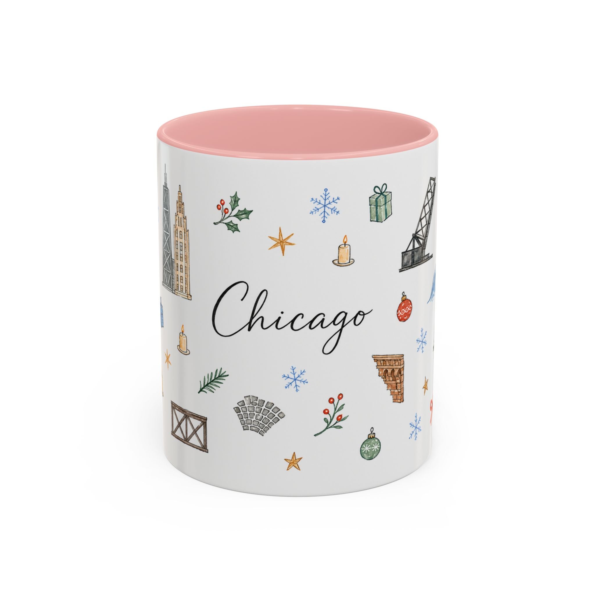 Chicago Christmas Mug | Watercolor Travel Souvenir | Holiday Gift | Accent Ceramic Coffee Cup 11oz 15oz