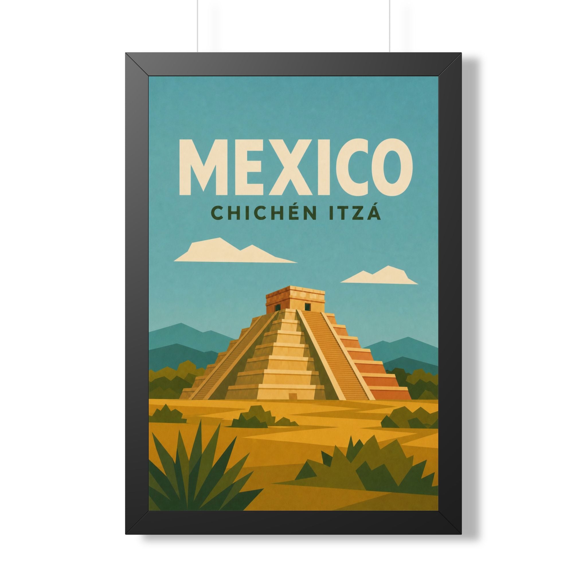 Chichén Itzá Mexico Framed Poster | Vintage Travel Wall Art | Black Walnut White Frame | 16x24 20x30