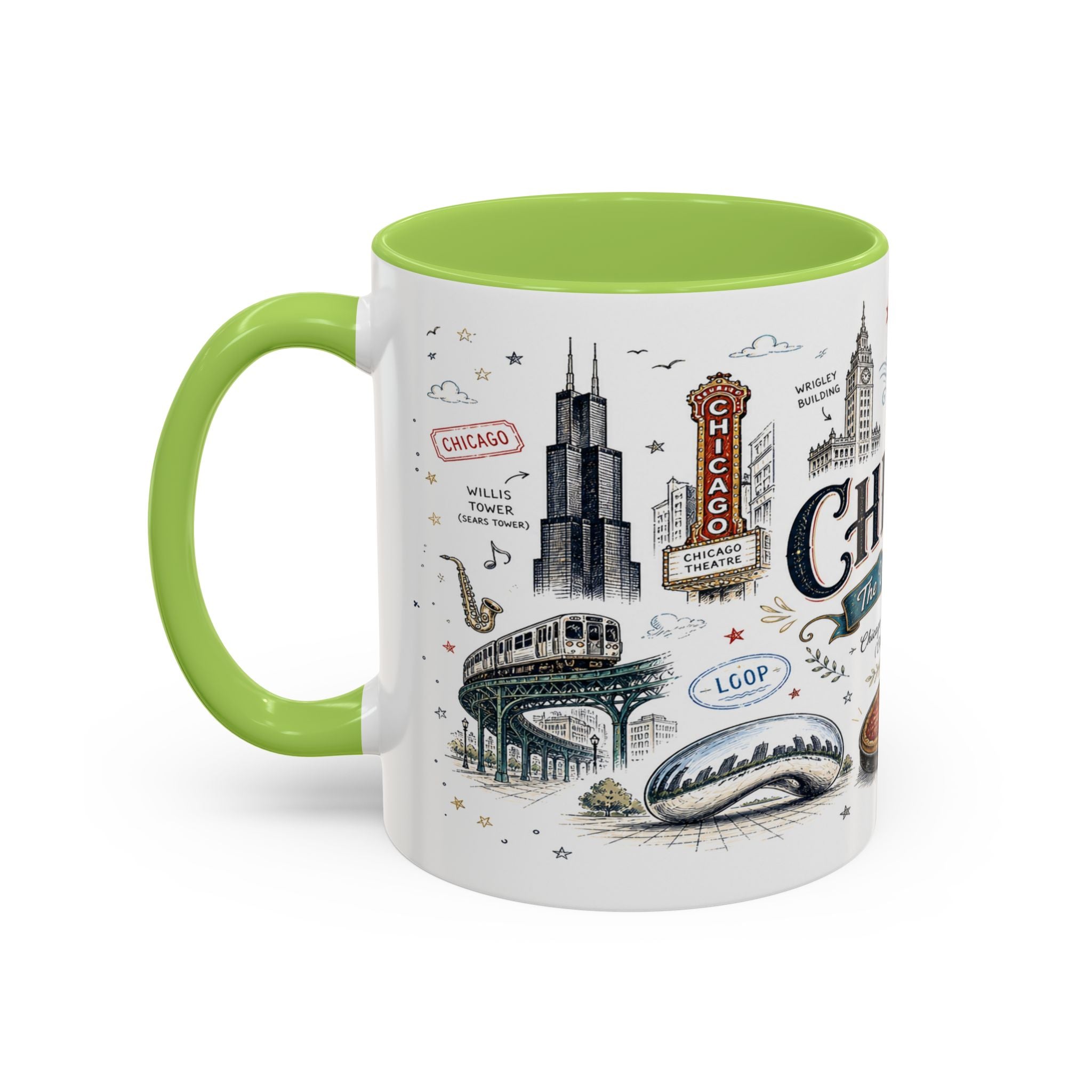 Chicago Coffee Mug | Illinois Souvenir City Gift | Accent Color Ceramic 11oz 15oz