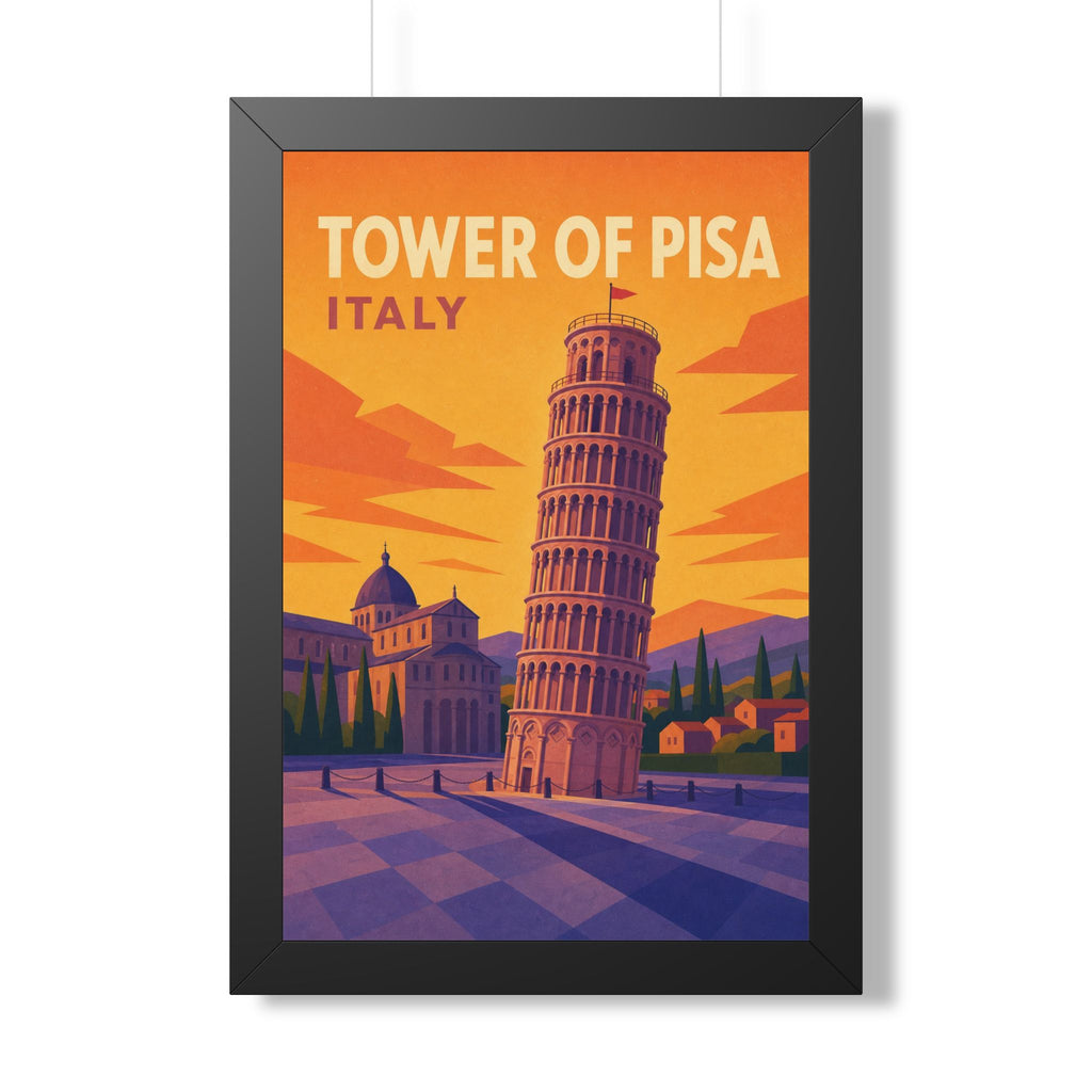 Leaning Tower of Pisa Italy Framed Poster | Vintage Travel Wall Art | Black Walnut White Frame | 16x24 20x30
