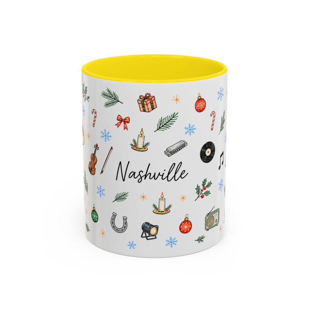 Nashville Christmas Mug | Watercolor City Souvenir, Acoustic Guitar, Harmonica (11oz 15oz)