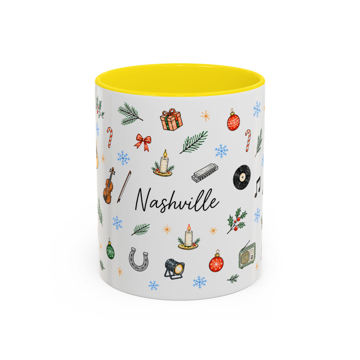 Nashville Christmas Mug | Watercolor City Souvenir, Acoustic Guitar, Harmonica (11oz 15oz)