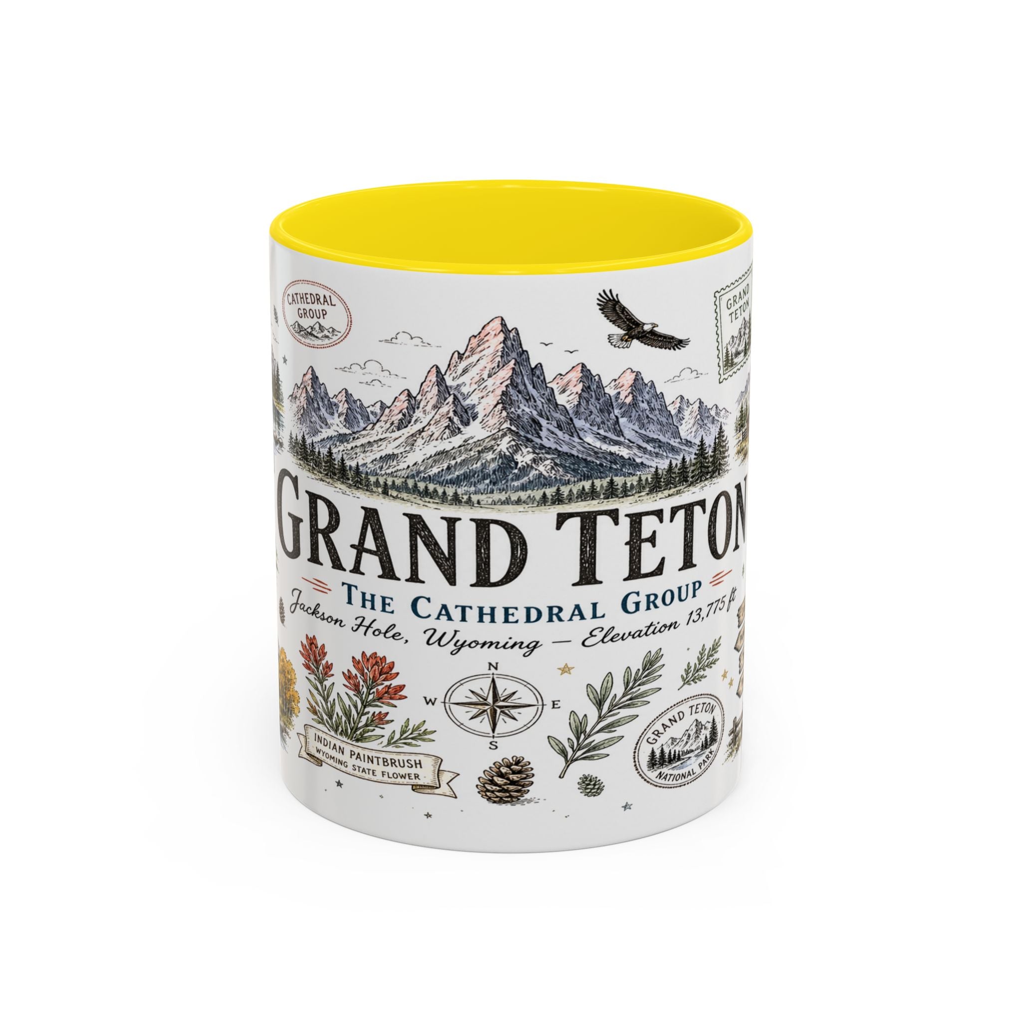 Grand Teton Coffee Mug | National Park Hiking Wyoming Gift | Accent Color Ceramic 11oz 15oz