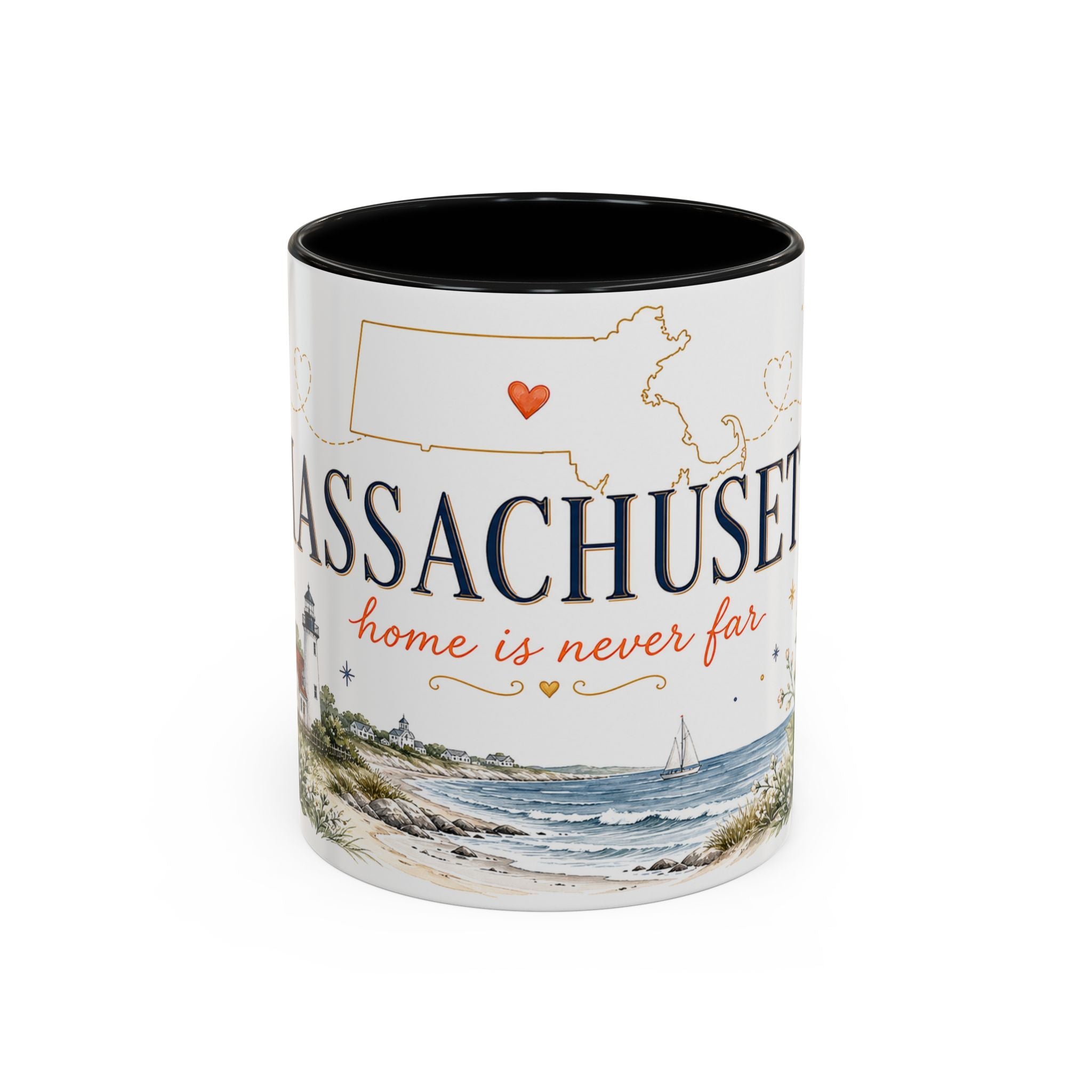 Massachusetts State Map Mug | Coastal Scene, Botanical Accents (11oz, 15oz)