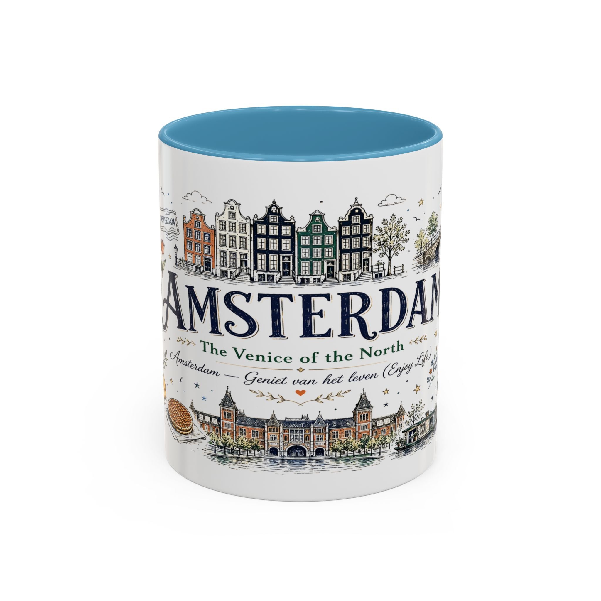 Amsterdam Coffee Mug | Netherlands Souvenir Travel Gift | Accent Color Ceramic 11oz 15oz