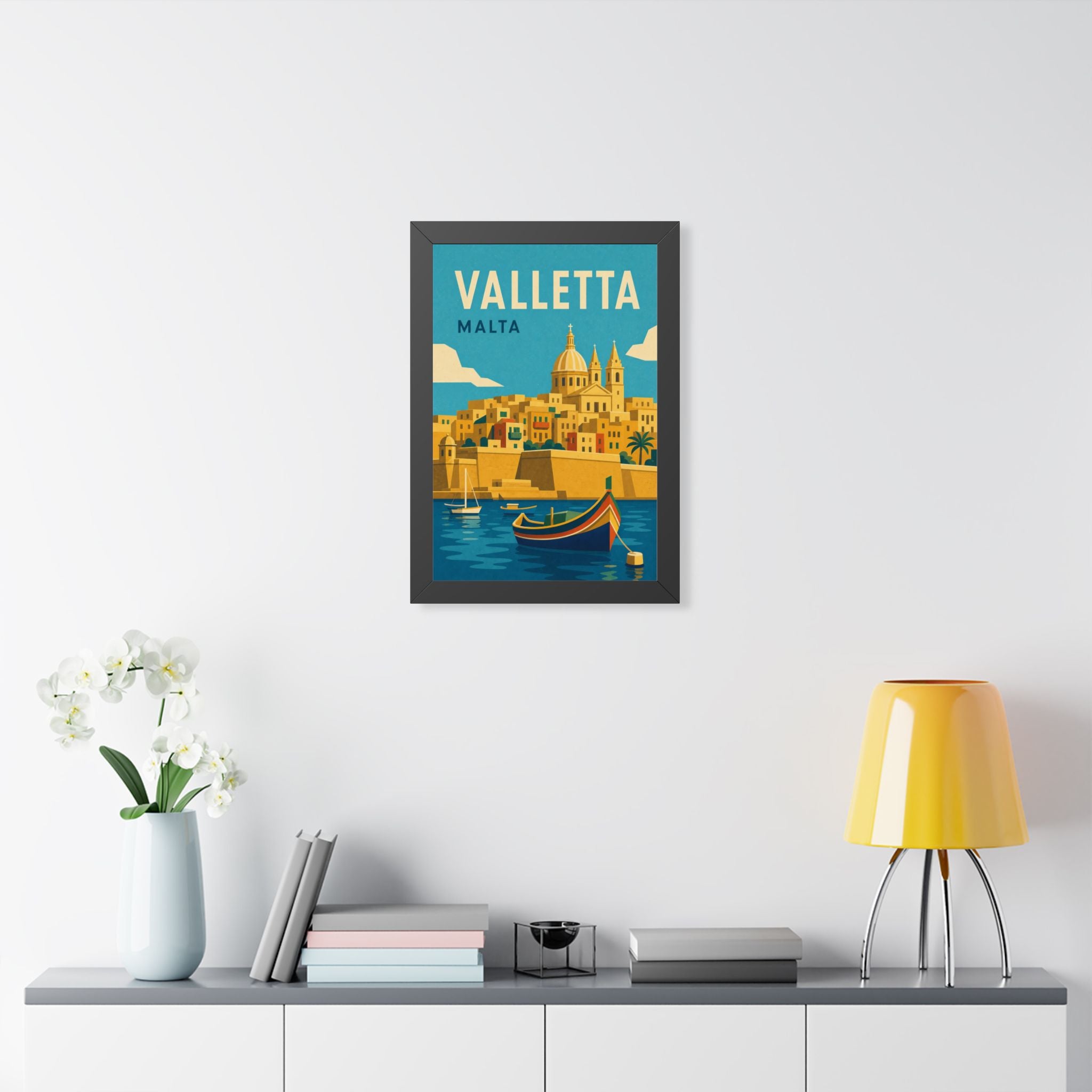 Valletta Malta Framed Poster | Vintage Travel Wall Art | Black Walnut White Frame | 16x24 20x30