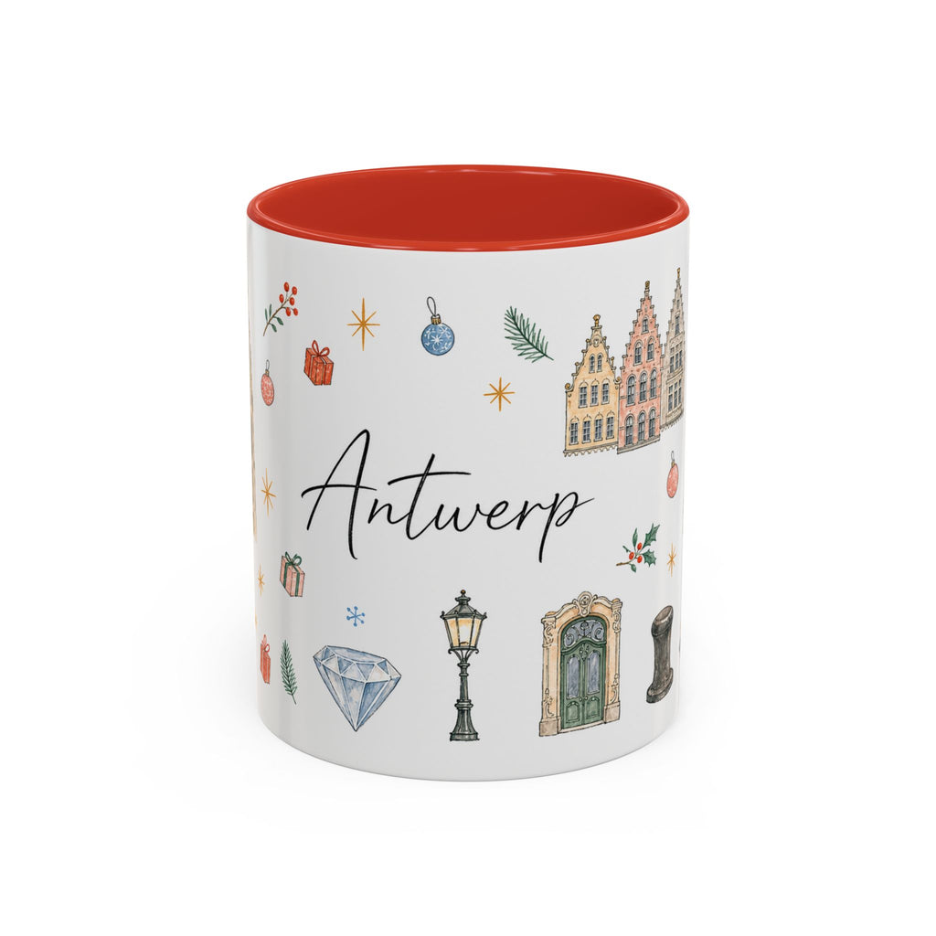Antwerp Christmas Mug | Watercolor Travel Souvenir | Holiday Gift | Accent Ceramic Coffee Cup 11oz 15oz