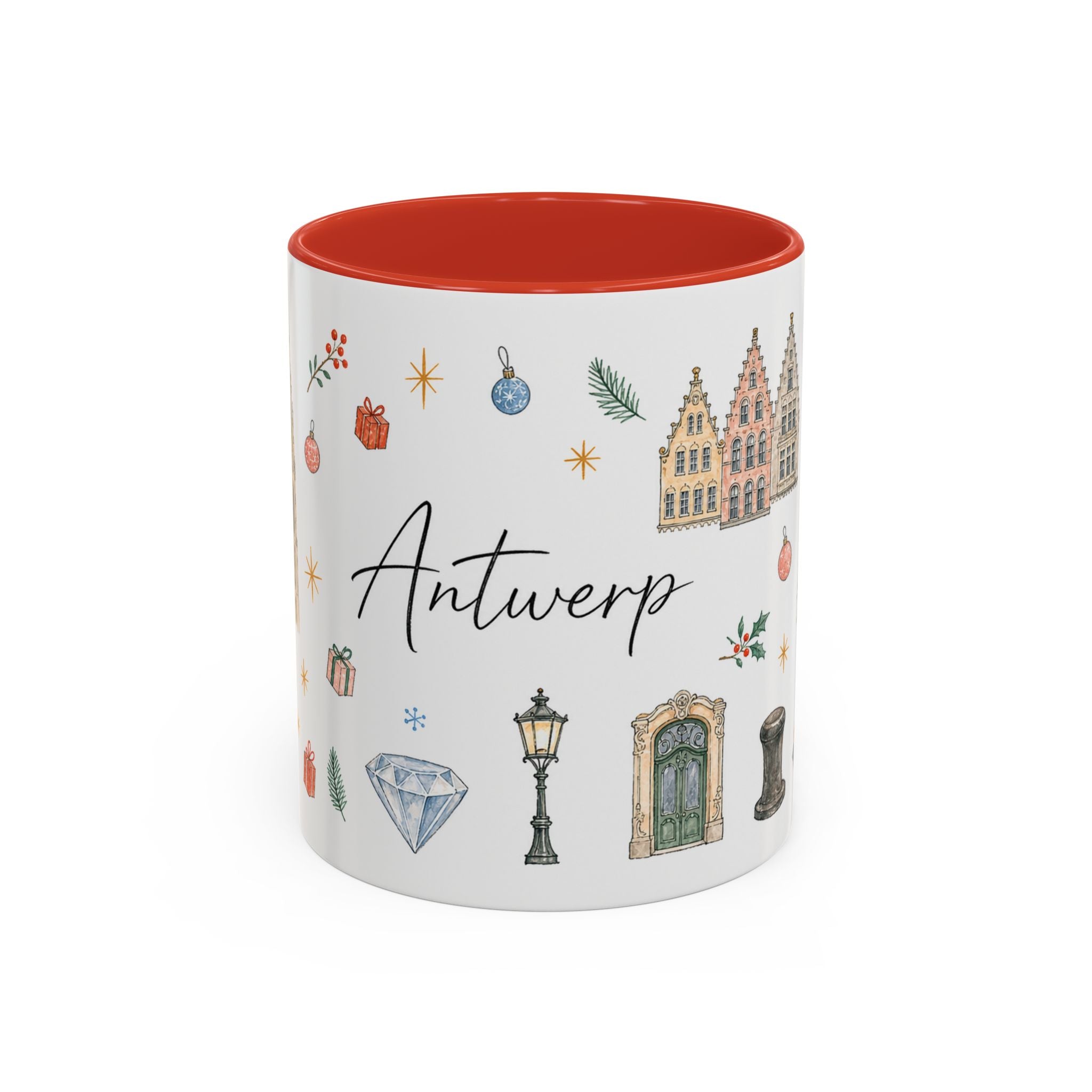 Antwerp Christmas Mug | Watercolor Travel Souvenir | Holiday Gift | Accent Ceramic Coffee Cup 11oz 15oz