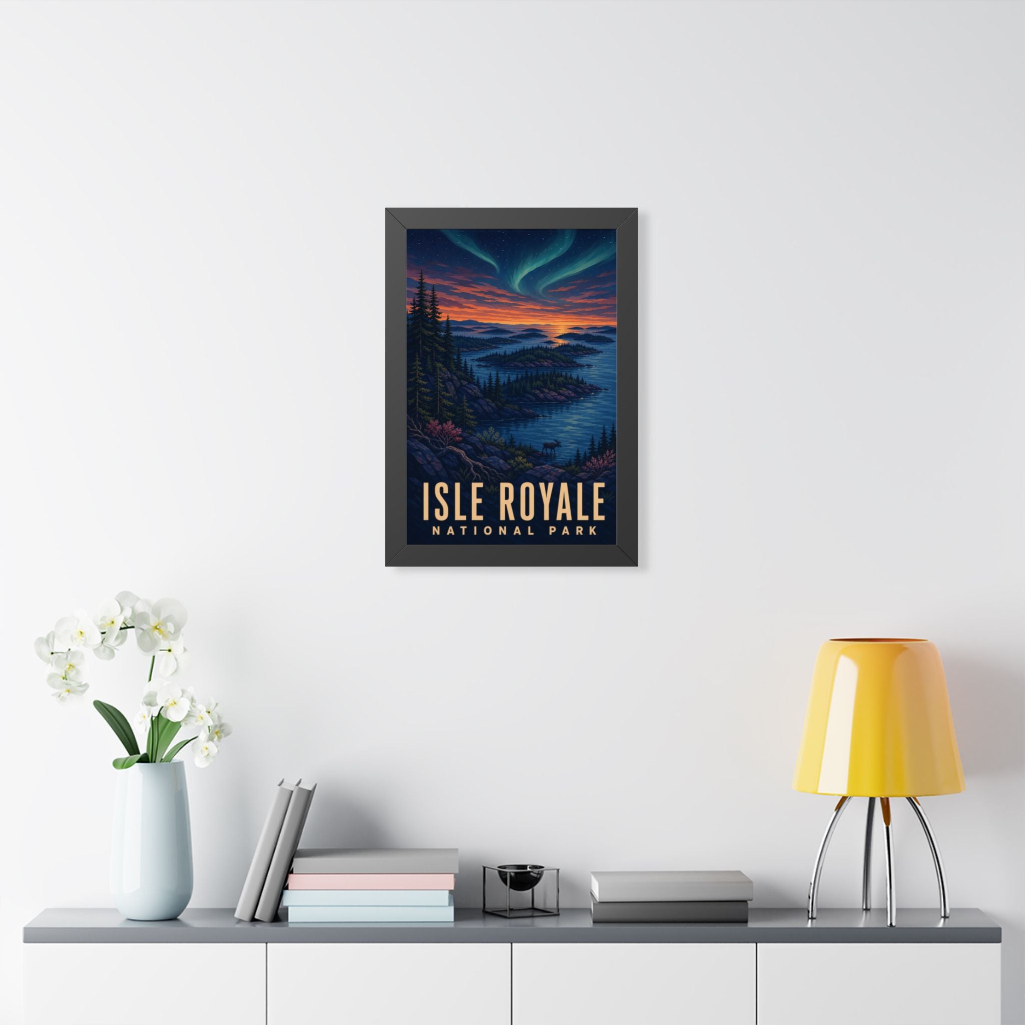 Isle Royale National Park Framed Poster | Vintage Travel Wall Art | Black Walnut White Frame | 16x24 20x30