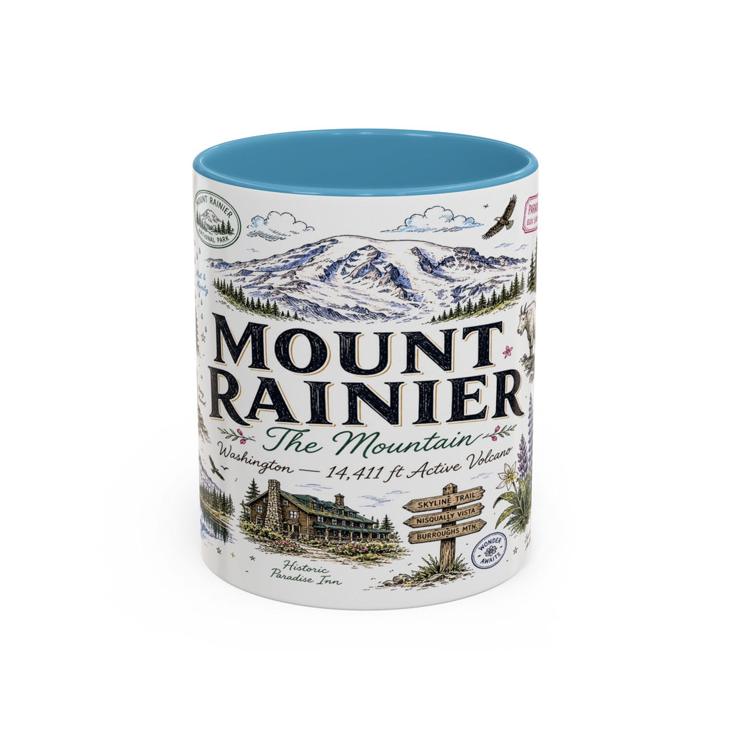 Mount Rainier Coffee Mug | National Park Hiking Washington Gift | Accent Color Ceramic 11oz 15oz