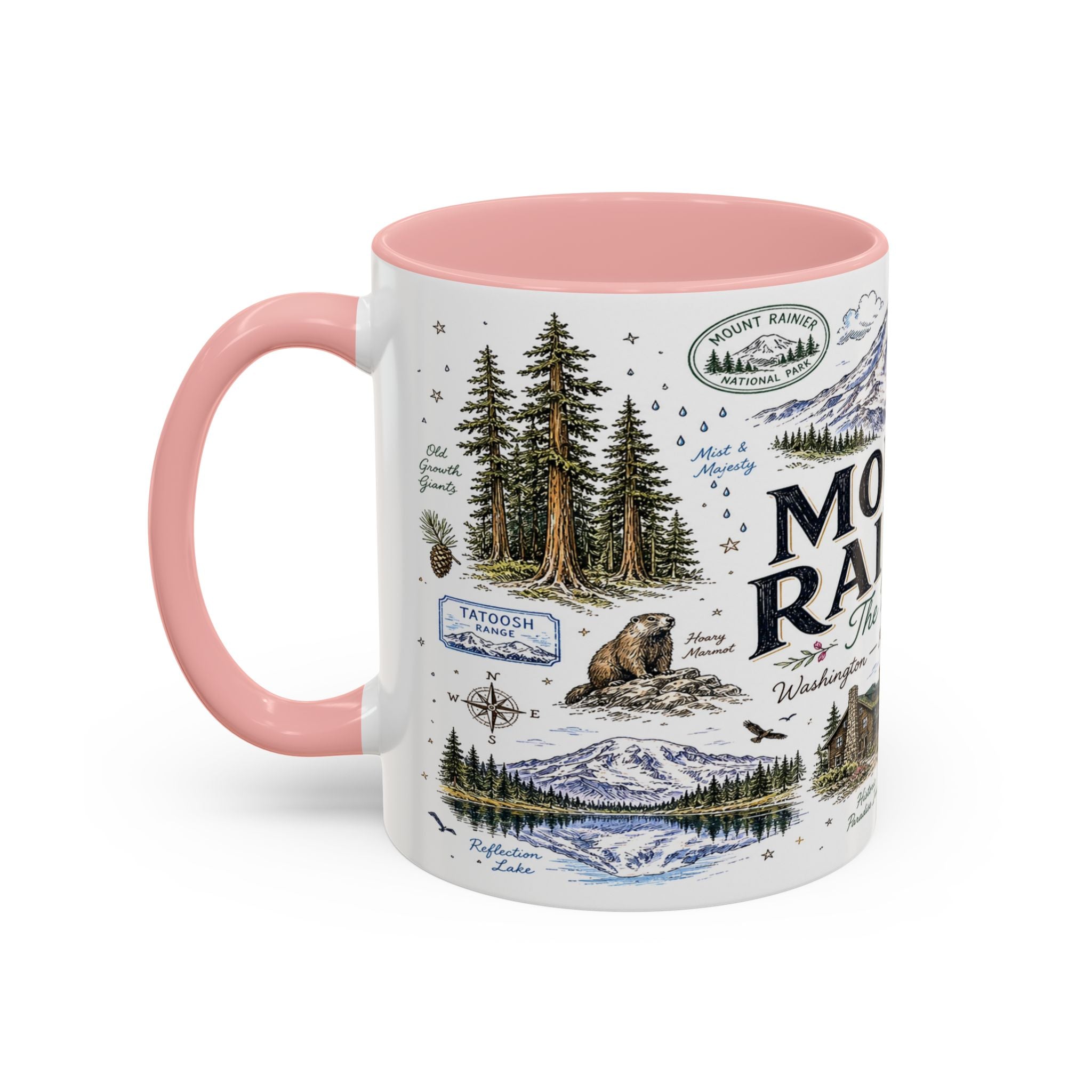 Mount Rainier Coffee Mug | National Park Hiking Washington Gift | Accent Color Ceramic 11oz 15oz