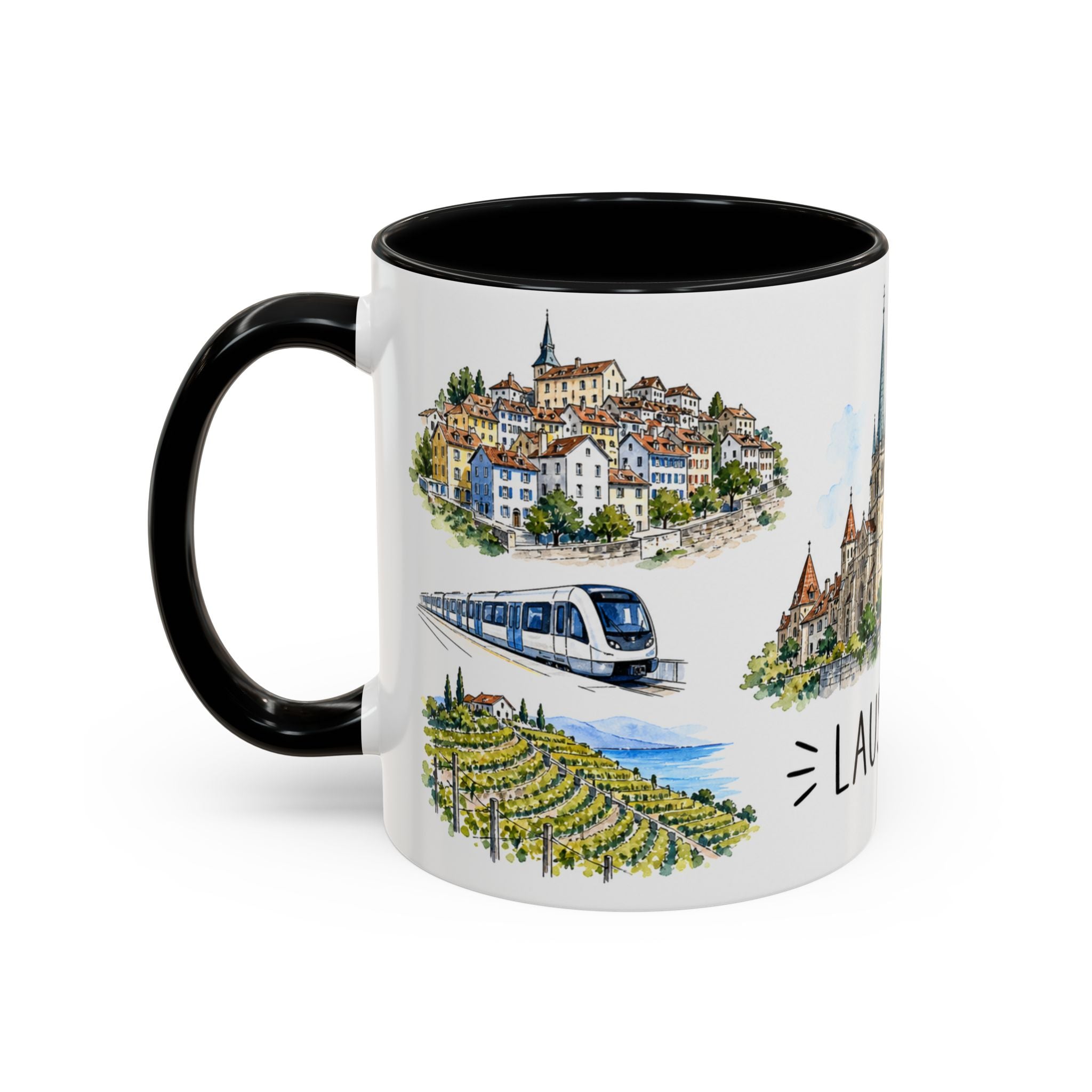 Lausanne Illustrated Travel Mug | City Souvenir Accent Coffee Mug | 11oz 15oz Ceramic Cup