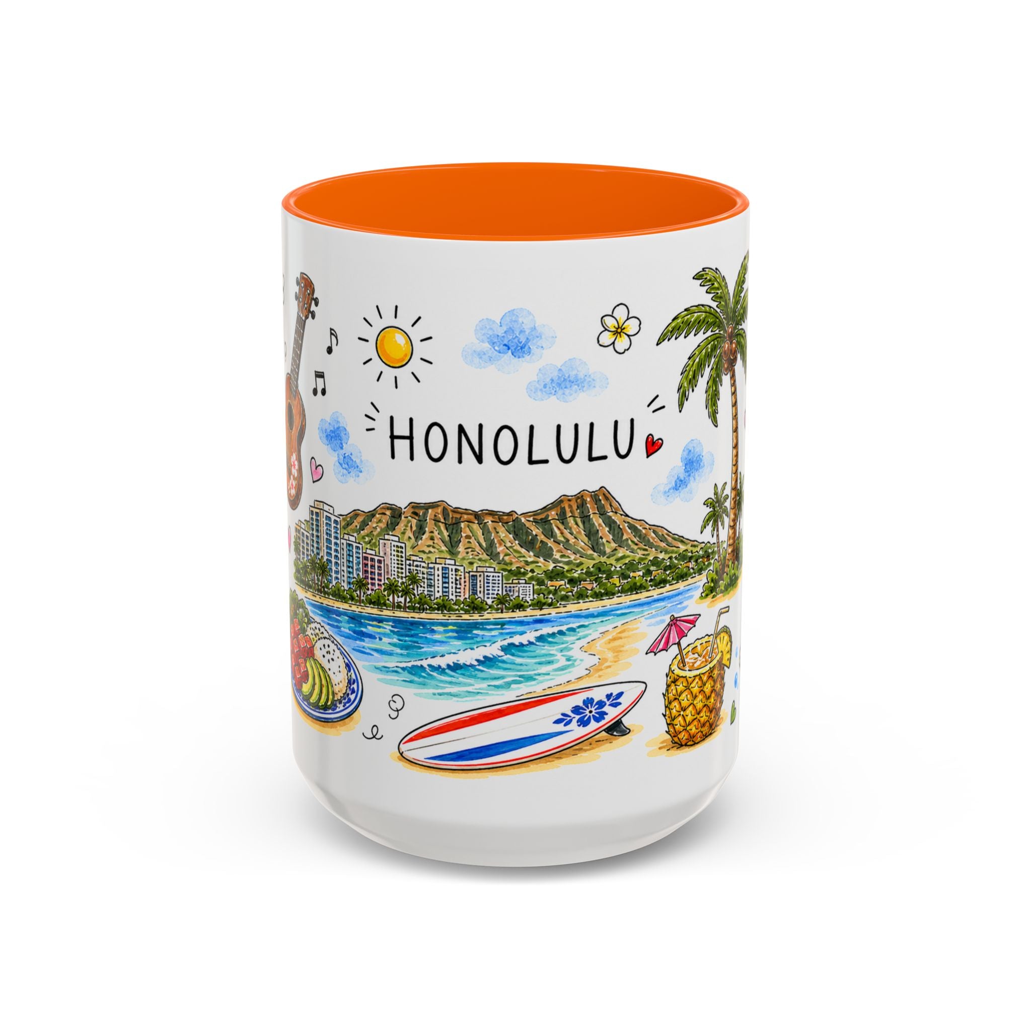 Honolulu Illustrated Travel Mug | City Souvenir Accent Coffee Mug | 11oz 15oz Ceramic Cup