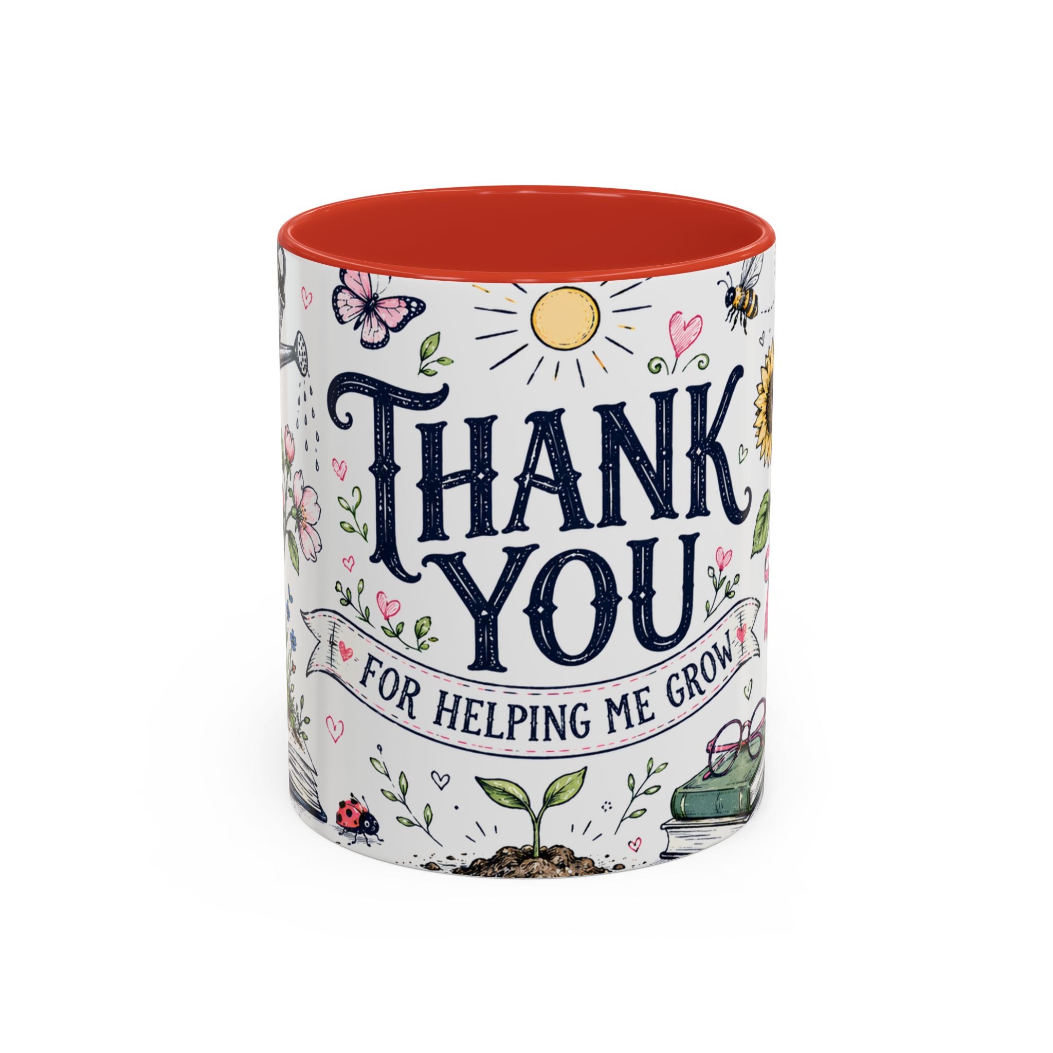 Thank You Teacher Coffee Mug | For Helping Me Grow Appreciation Gift | Accent Color Ceramic 11oz 15oz