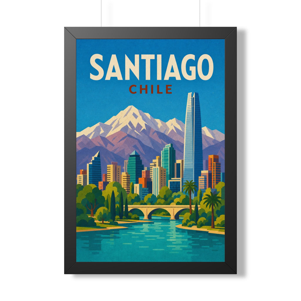 Santiago Chile Framed Poster | Vintage Travel Wall Art | Black Walnut White Frame | 16x24 20x30