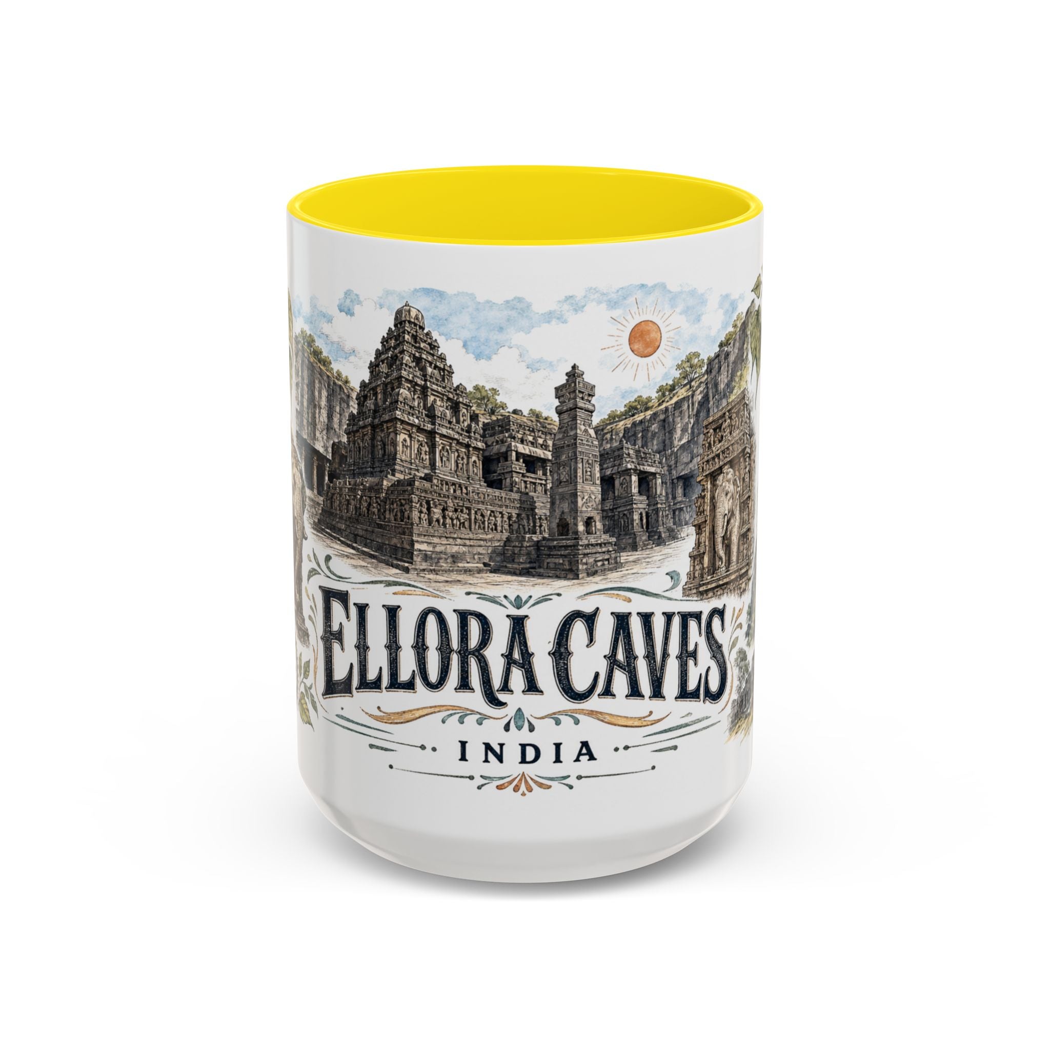 Ellora Caves Mug, India Travel Souvenir, Bucket List Gift, Accent Ceramic Coffee Mug 11oz 15oz