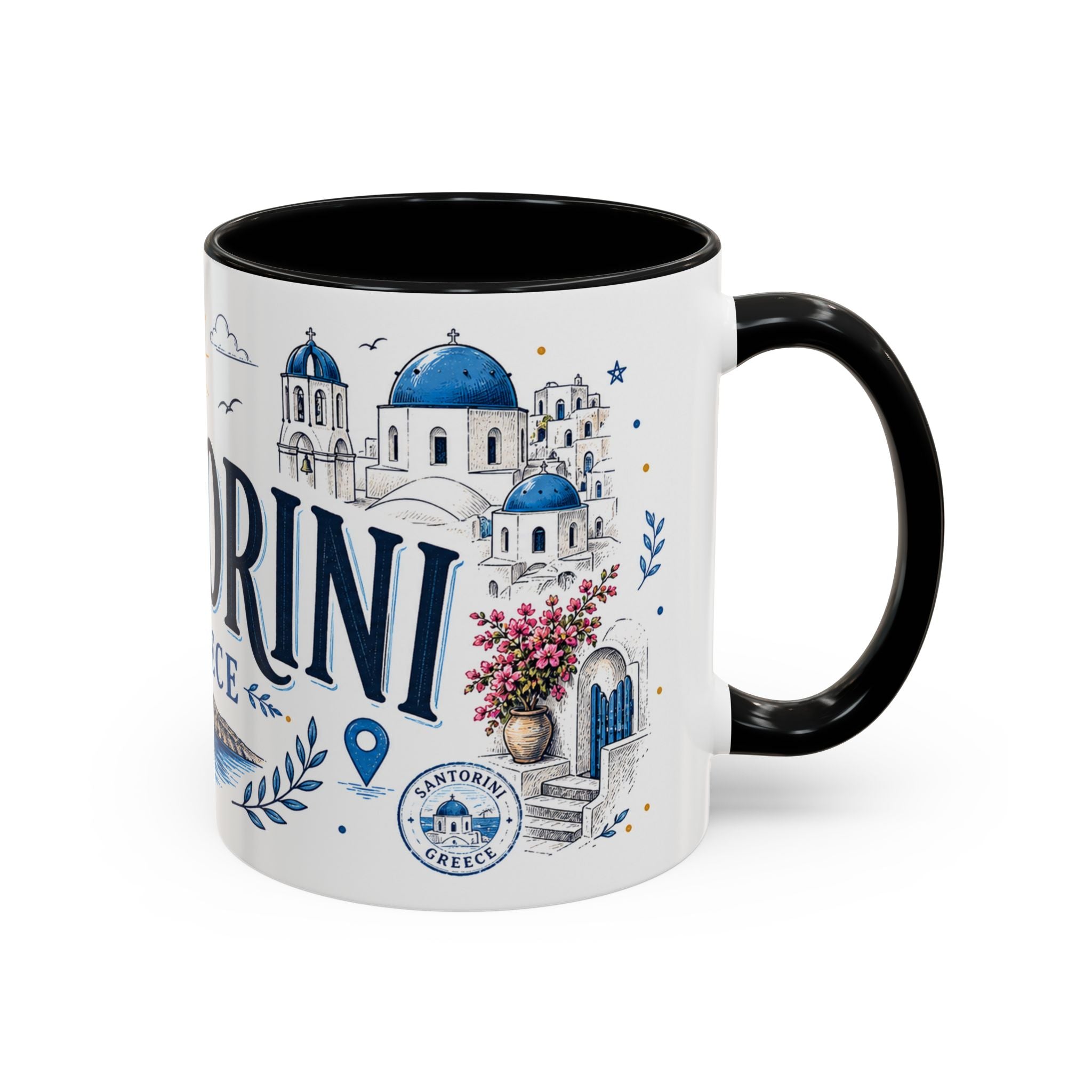 Santorini Coffee Mug | Travel Destination Souvenir Gift | Accent Color Ceramic 11oz 15oz