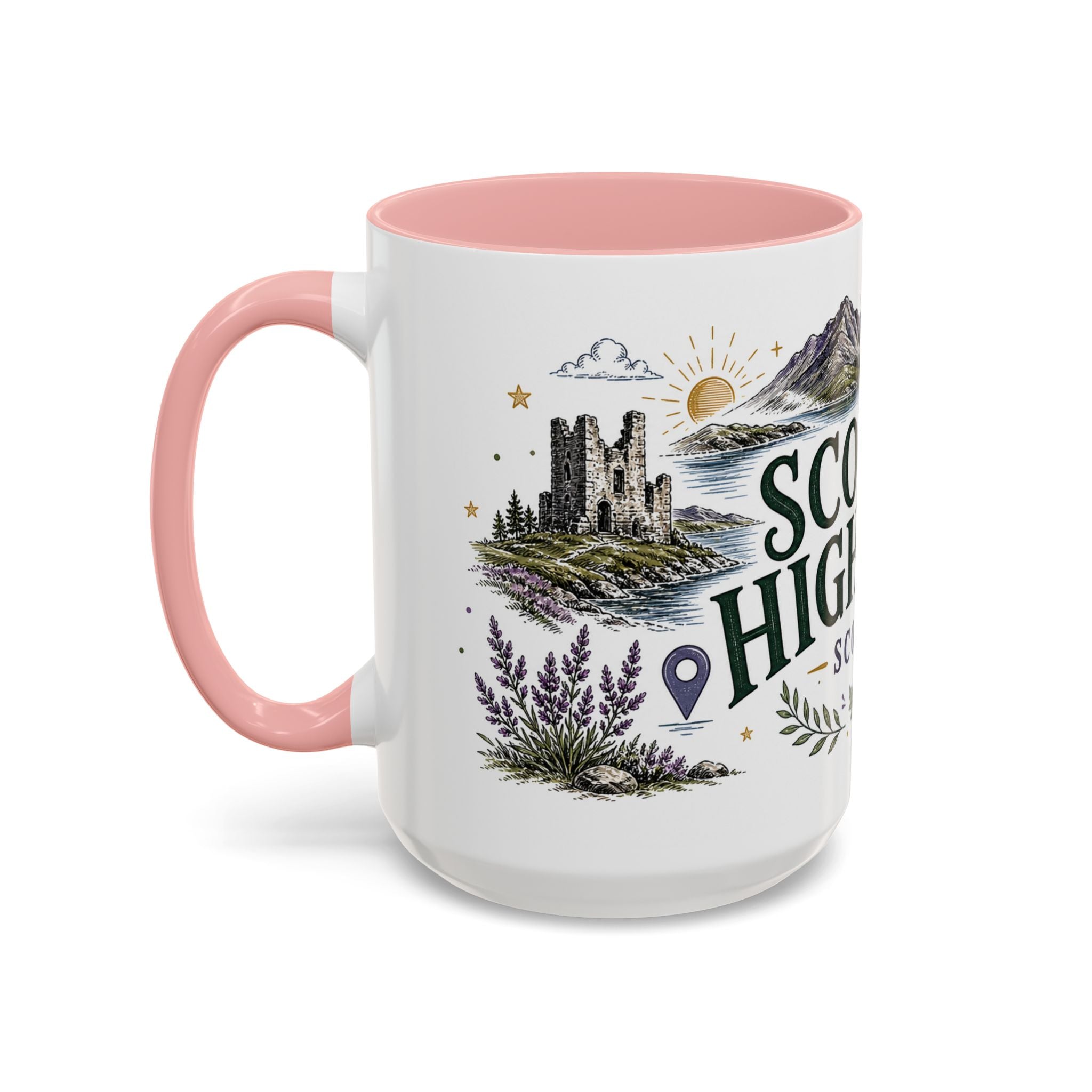 Scottish Highlands Coffee Mug | Travel Destination Souvenir Gift | Accent Color Ceramic 11oz 15oz