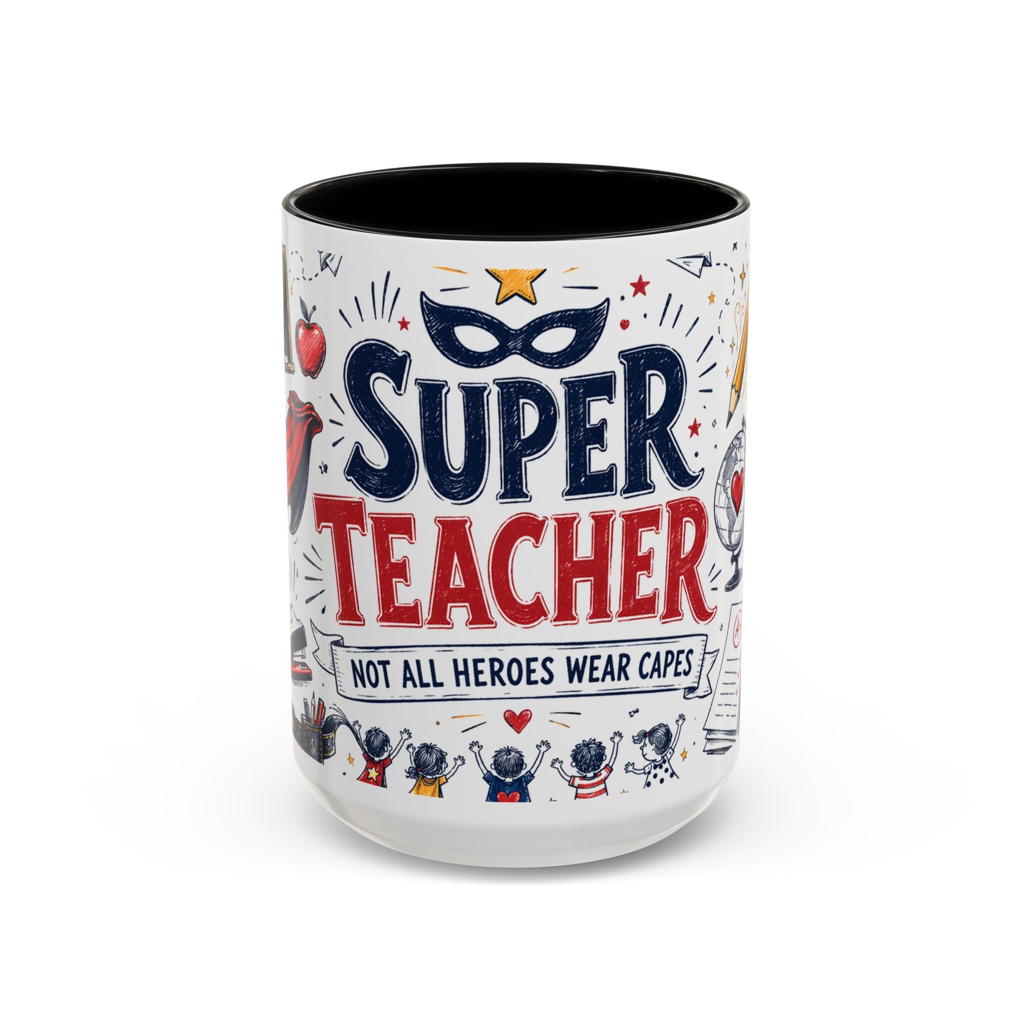 Super Teacher Coffee Mug | All Heroes Wear Capes Teacher Gift | Accent Color Ceramic 11oz 15oz