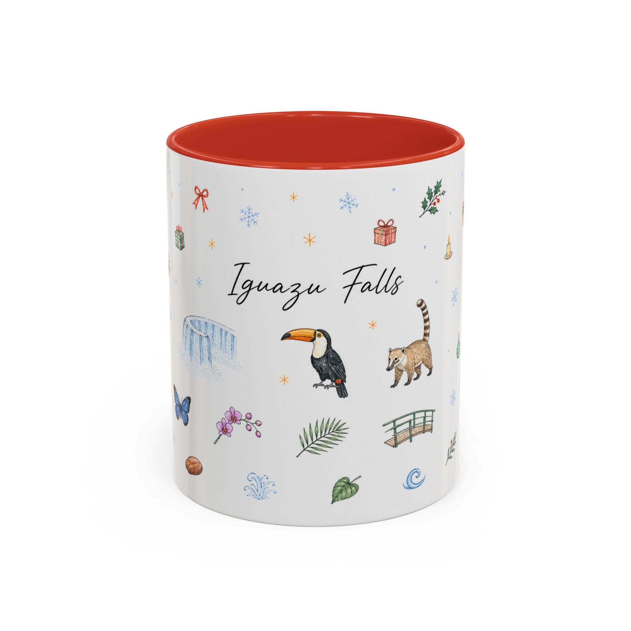Iguazu Falls Christmas Mug | Watercolor Travel Souvenir | Holiday Gift | Accent Ceramic Coffee Cup 11oz 15oz