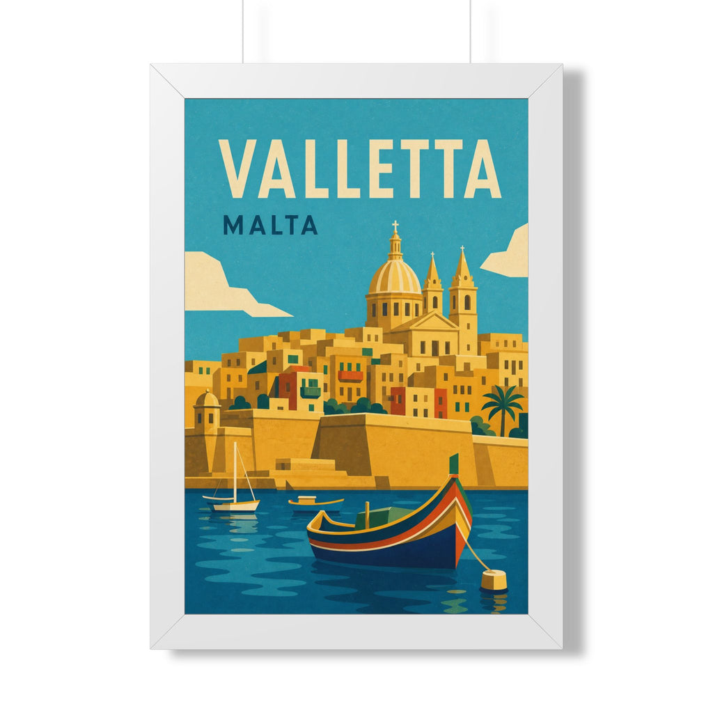 Valletta Malta Framed Poster | Vintage Travel Wall Art | Black Walnut White Frame | 16x24 20x30