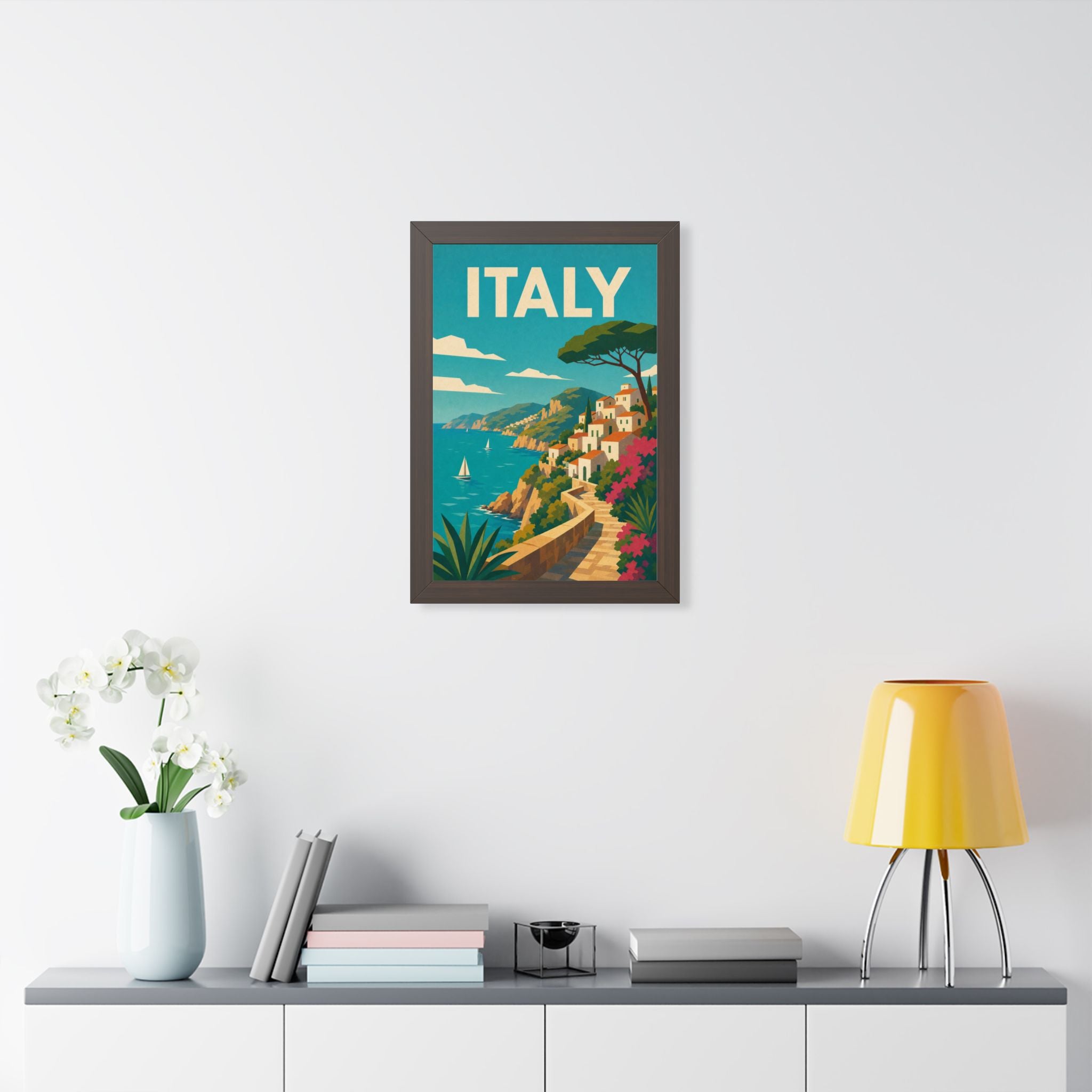 Italian Cliffside Coast Italy Framed Poster | Vintage Travel Wall Art | Black Walnut White Frame | 16x24 20x30