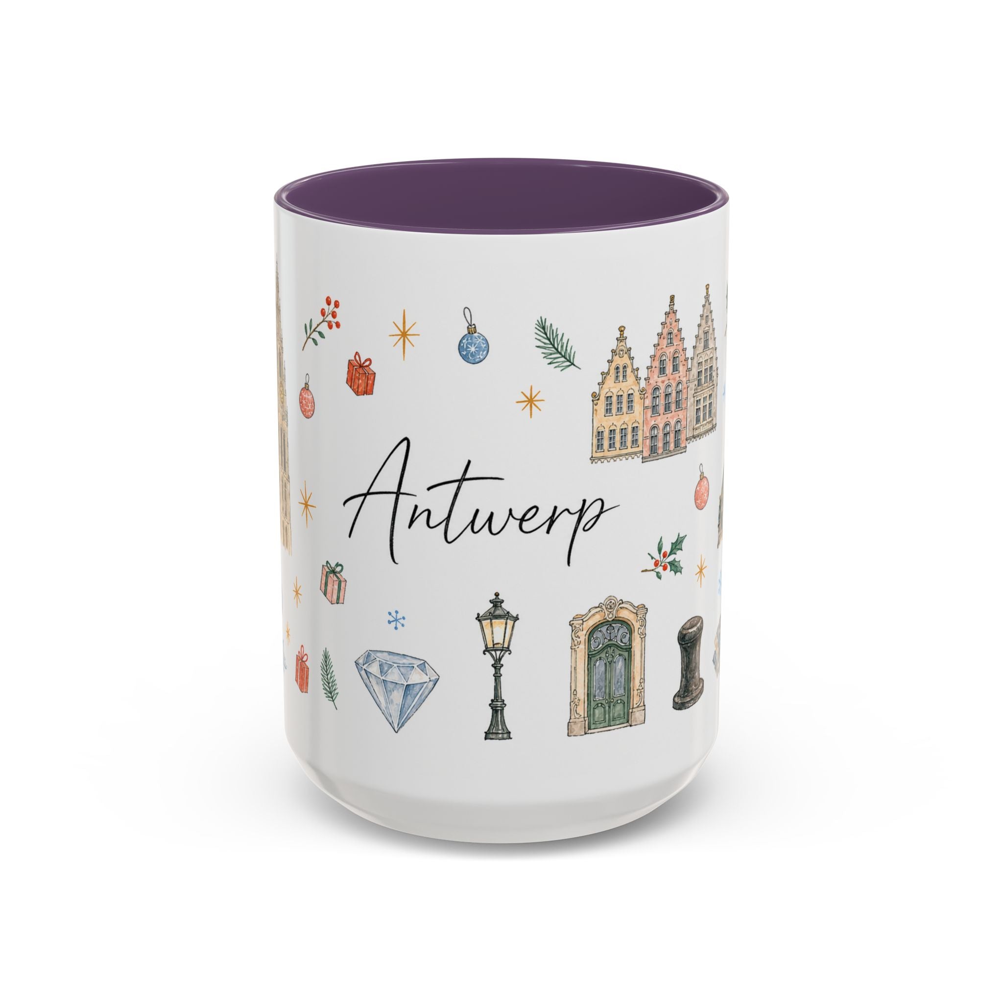 Antwerp Christmas Mug | Watercolor Travel Souvenir | Holiday Gift | Accent Ceramic Coffee Cup 11oz 15oz