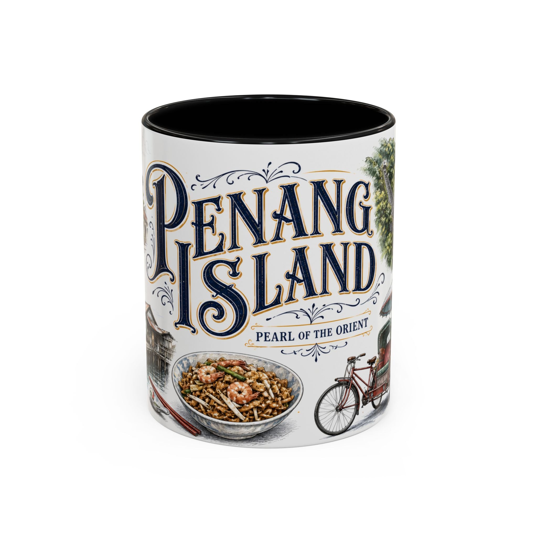 Penang Island Coffee Mug | Malaysia Travel Souvenir | Vintage Illustrated City Gift | 11 oz 15 oz Accent Mug
