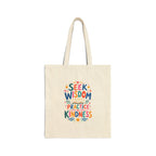 Seek Wisdom Practice Kindness Tote Bag | Ancient Wisdom Quote Canvas Bag | Colorful Philosophy Gift