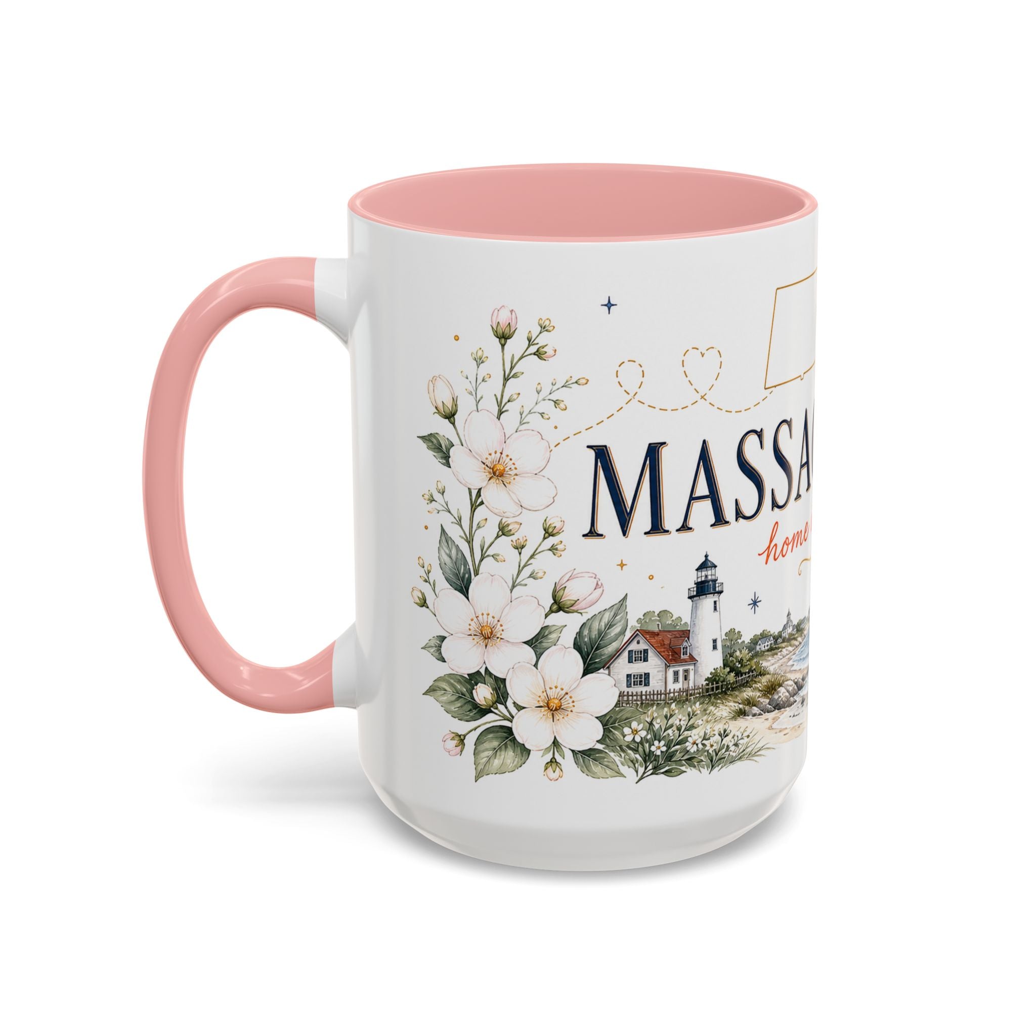 Massachusetts State Map Mug | Coastal Scene, Botanical Accents (11oz, 15oz)
