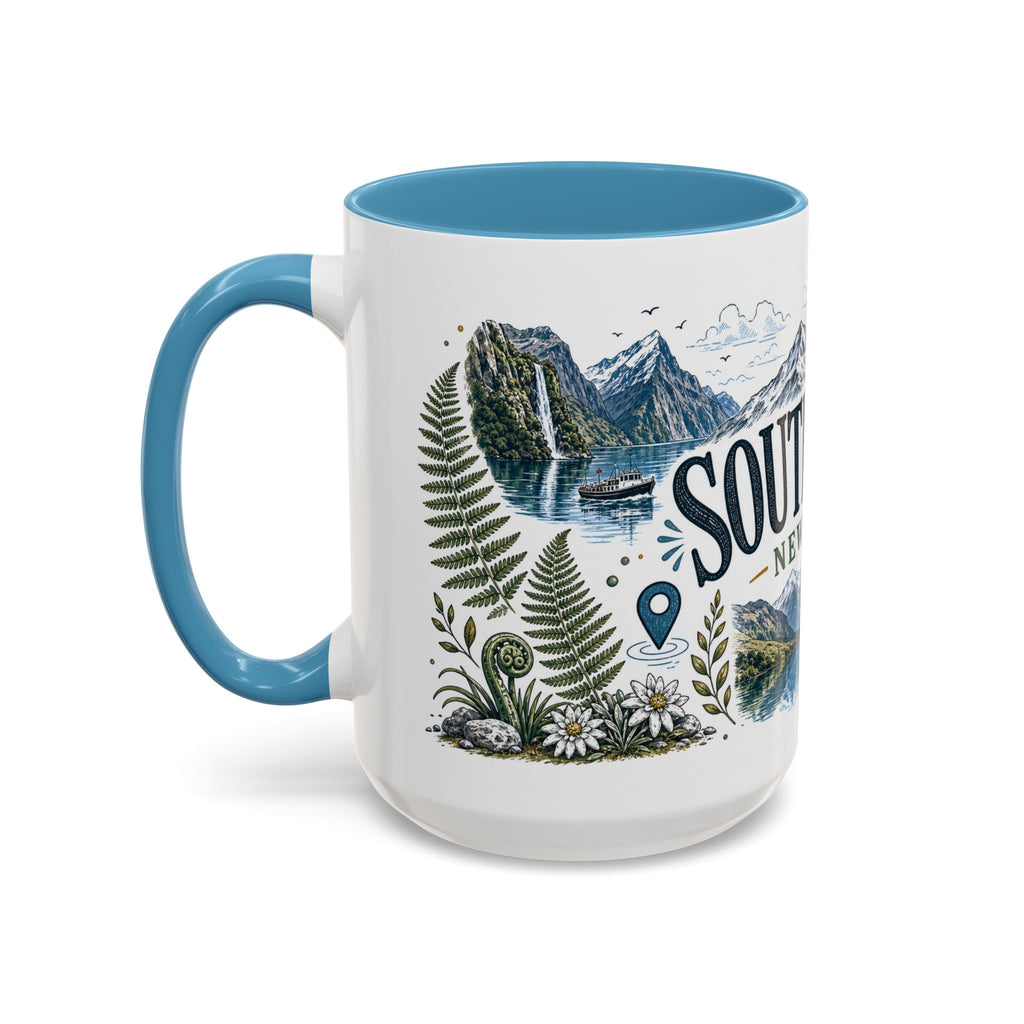 New Zealand South Island Coffee Mug | Travel Destination Souvenir Gift | Accent Color Ceramic 11oz 15oz