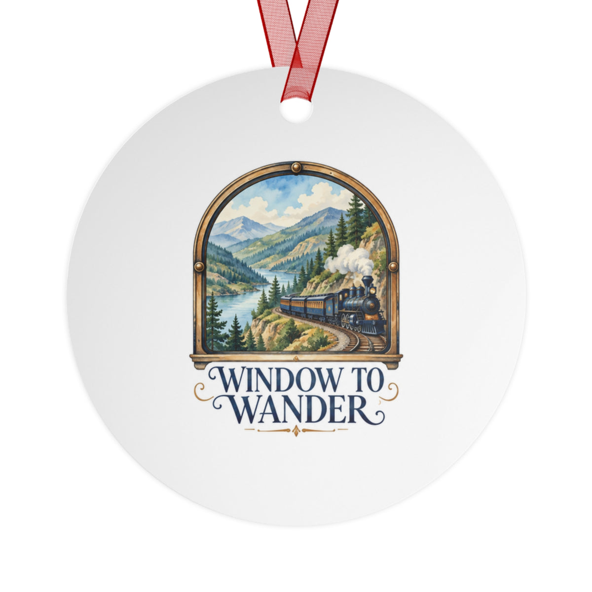 Window to Wander Train Journey Round Metal Ornament | Travel Gift