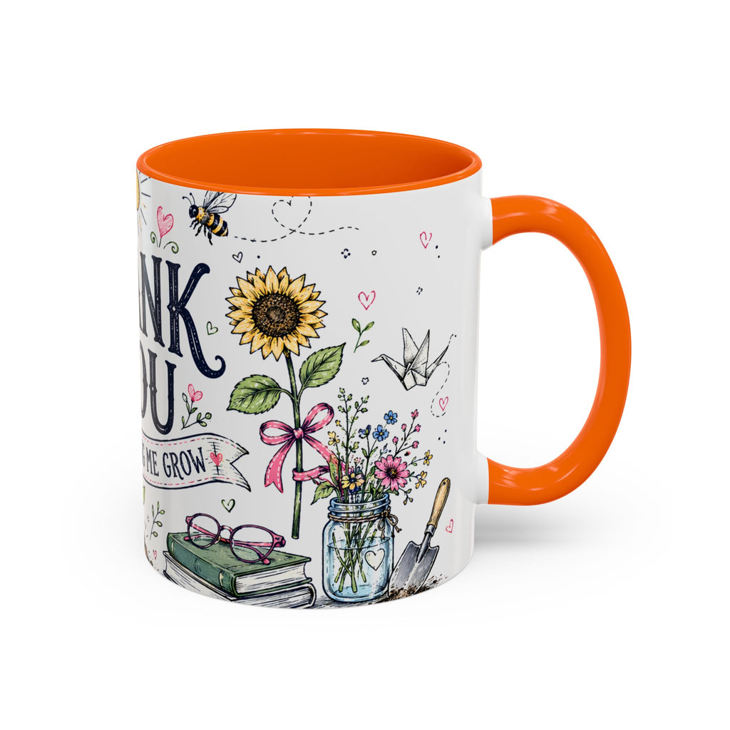 Thank You Teacher Coffee Mug | For Helping Me Grow Appreciation Gift | Accent Color Ceramic 11oz 15oz