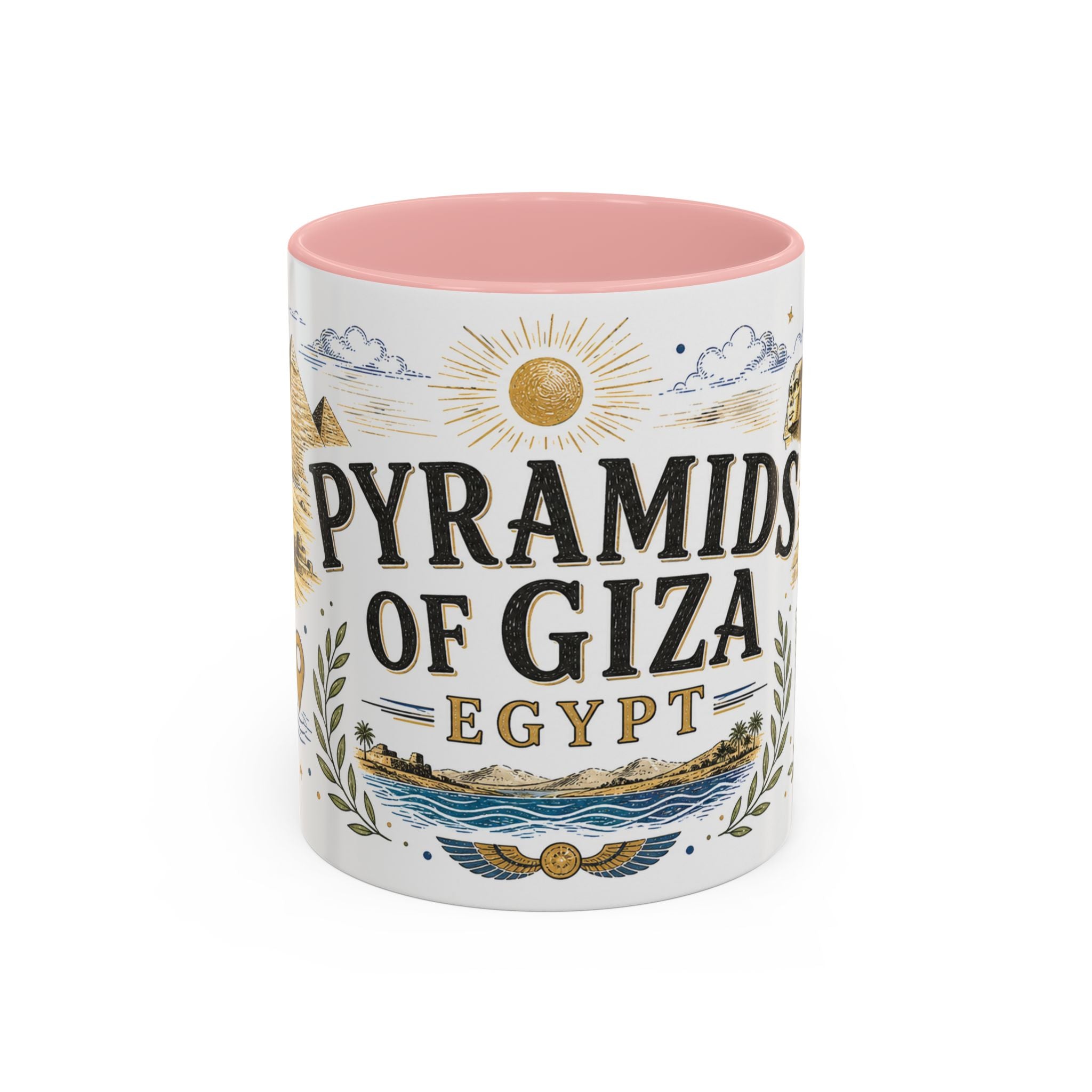 Pyramids of Giza Coffee Mug | Travel Destination Souvenir Gift | Accent Color Ceramic 11oz 15oz
