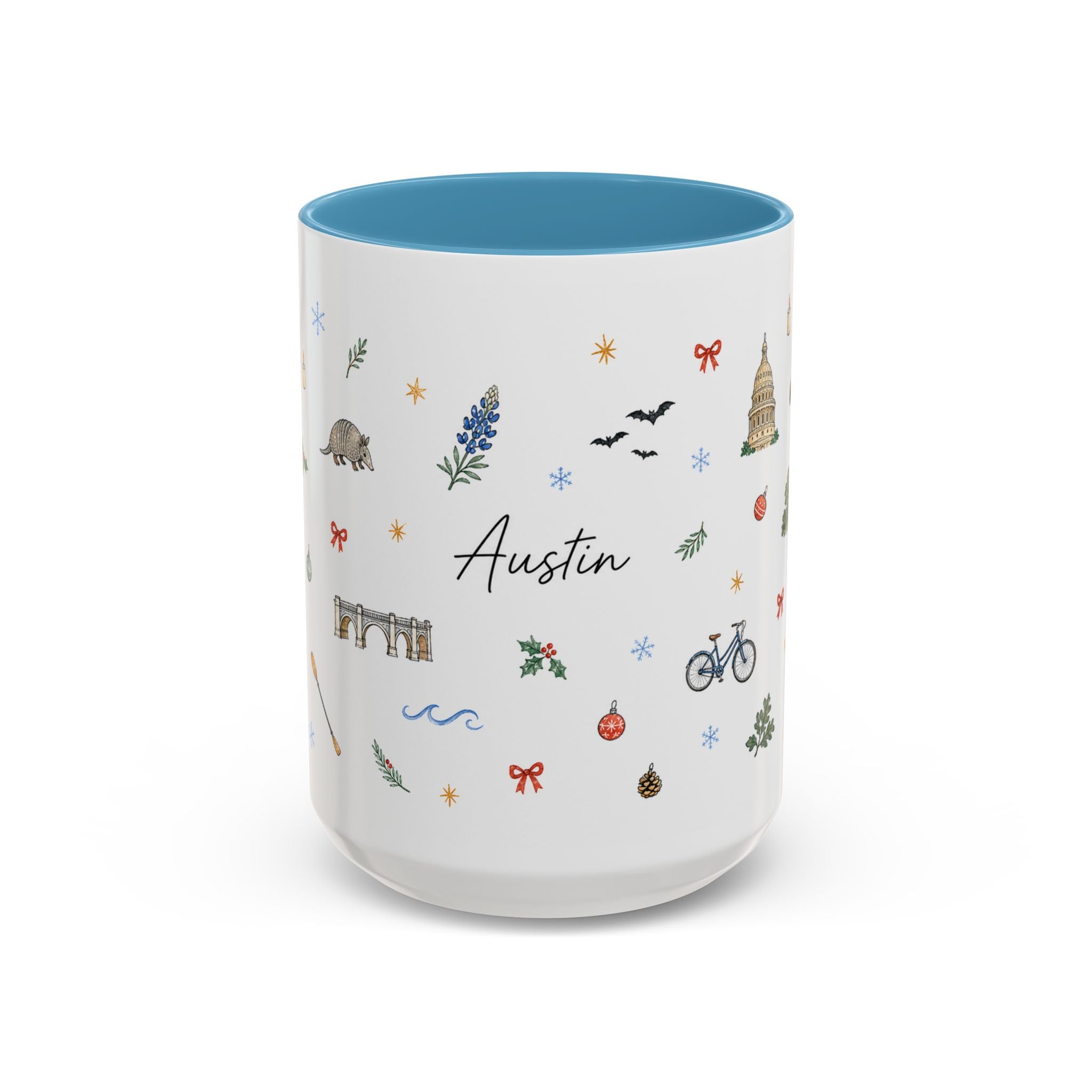 Austin Christmas Mug | Watercolor Travel Souvenir | Holiday Gift | Accent Ceramic Coffee Cup 11oz 15oz