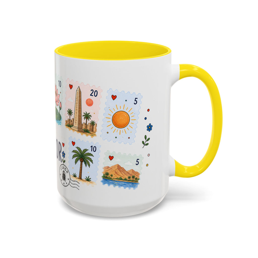 Luxor Coffee Mug | Postage Stamp Collage Mug | Travel Souvenir Accent Cup 11oz 15oz