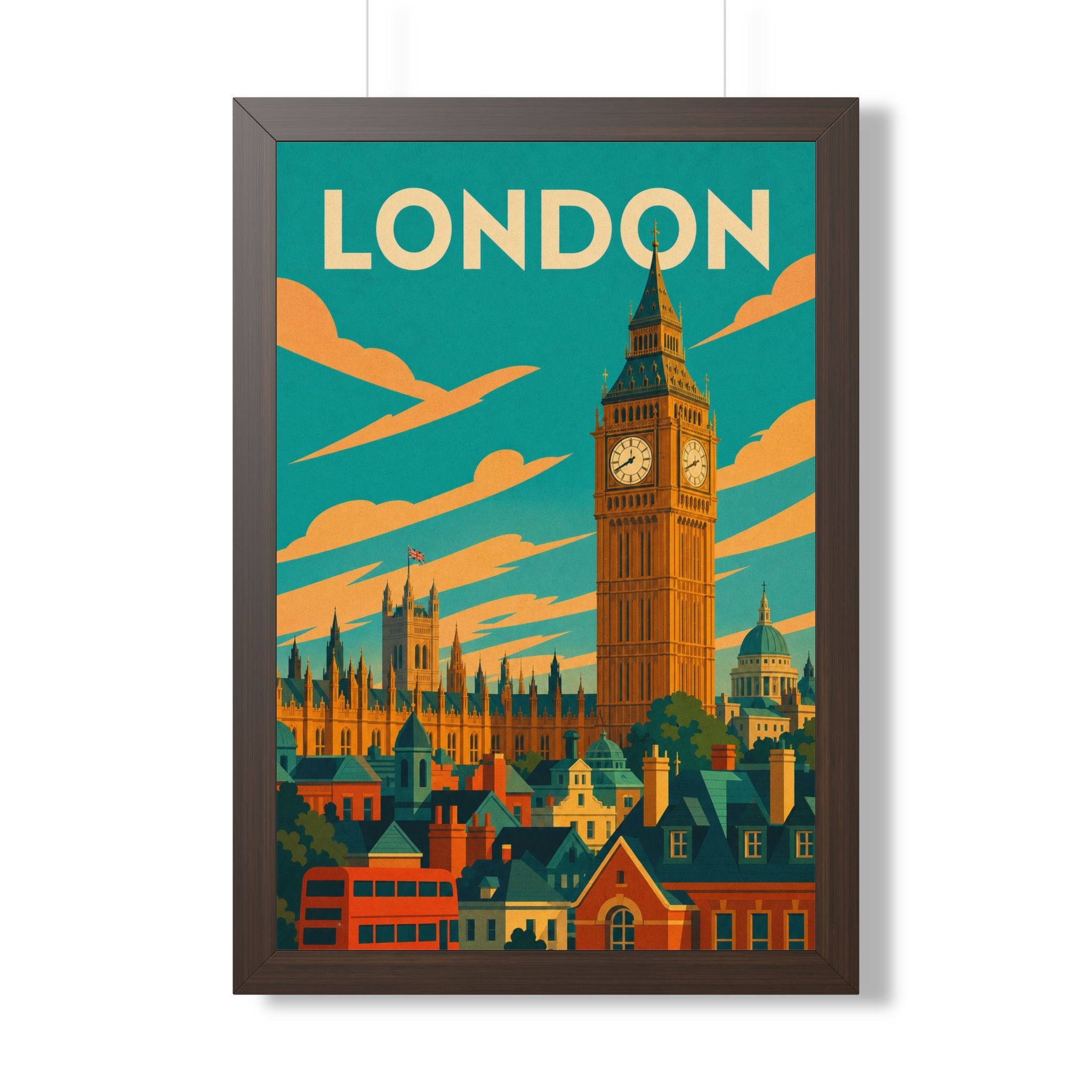 London Big Ben United Kingdom Framed Poster | Vintage Travel Wall Art | Black Walnut White Frame | 16x24 20x30