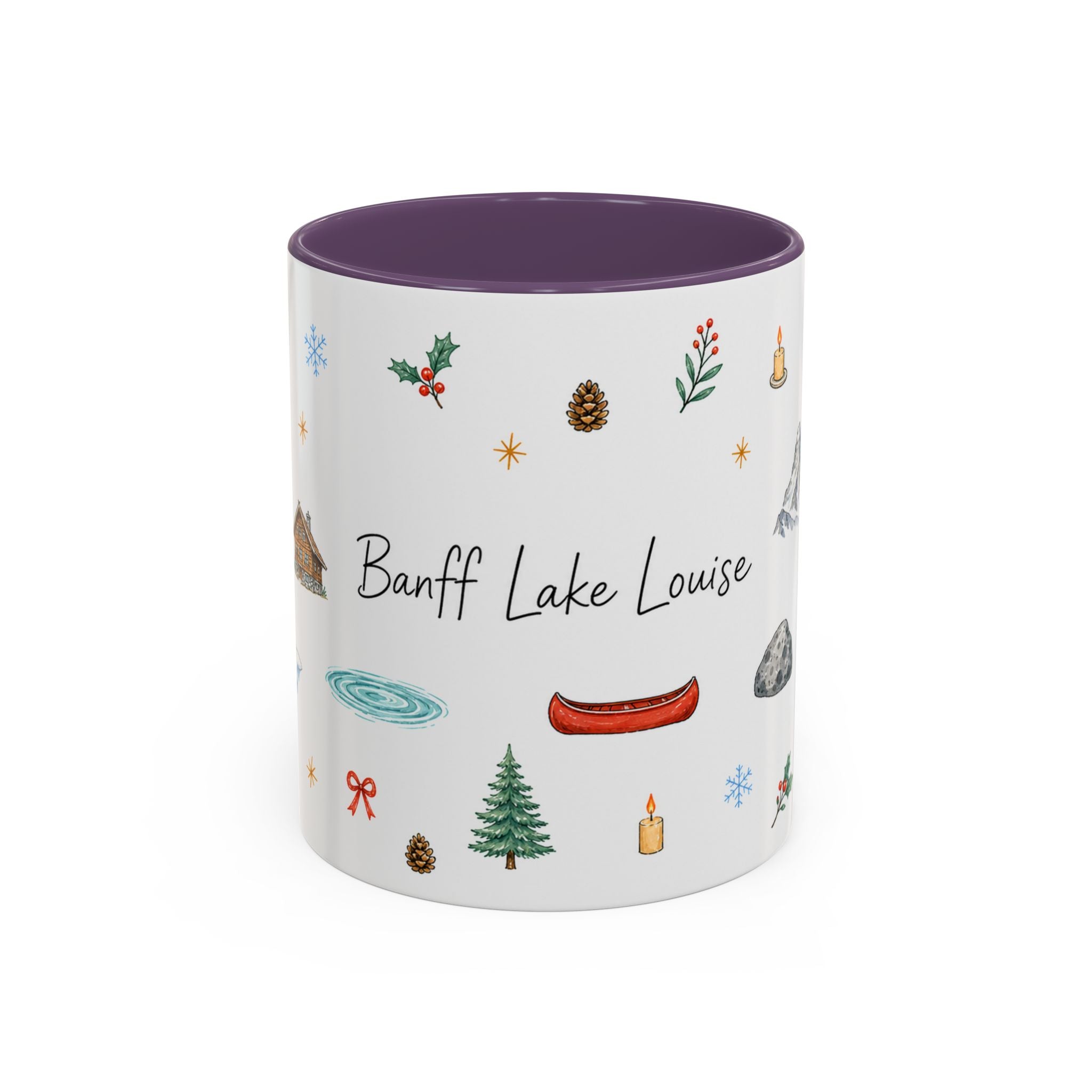 Banff Lake Louise Christmas Mug | Watercolor Travel Souvenir | Holiday Gift | Accent Ceramic Coffee Cup 11oz 15oz