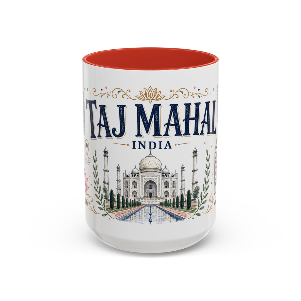 Taj Mahal Coffee Mug | Travel Destination Souvenir Gift | Accent Color Ceramic 11oz 15oz