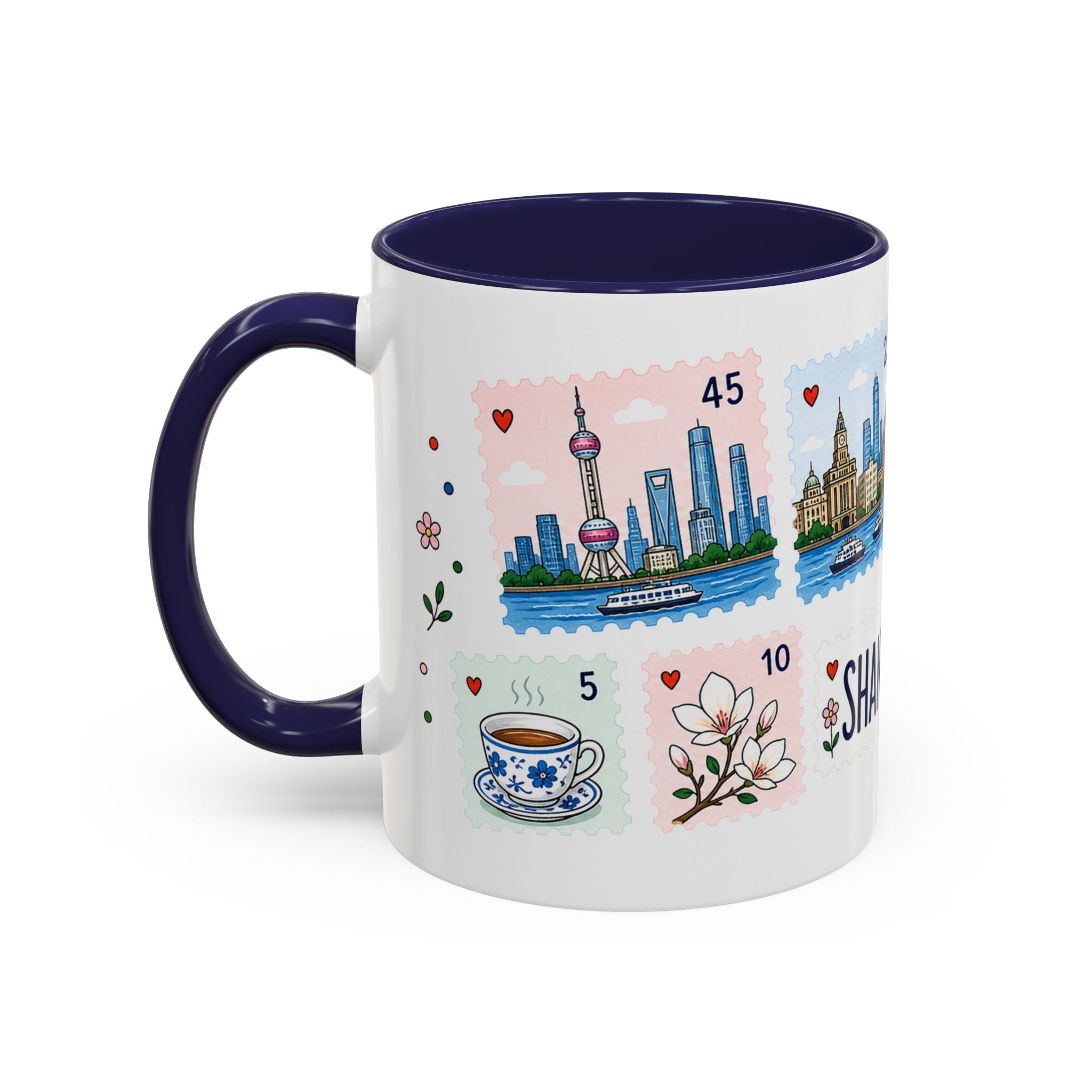 Shanghai Coffee Mug | Postage Stamp Collage Mug | Travel Souvenir Accent Cup 11oz 15oz