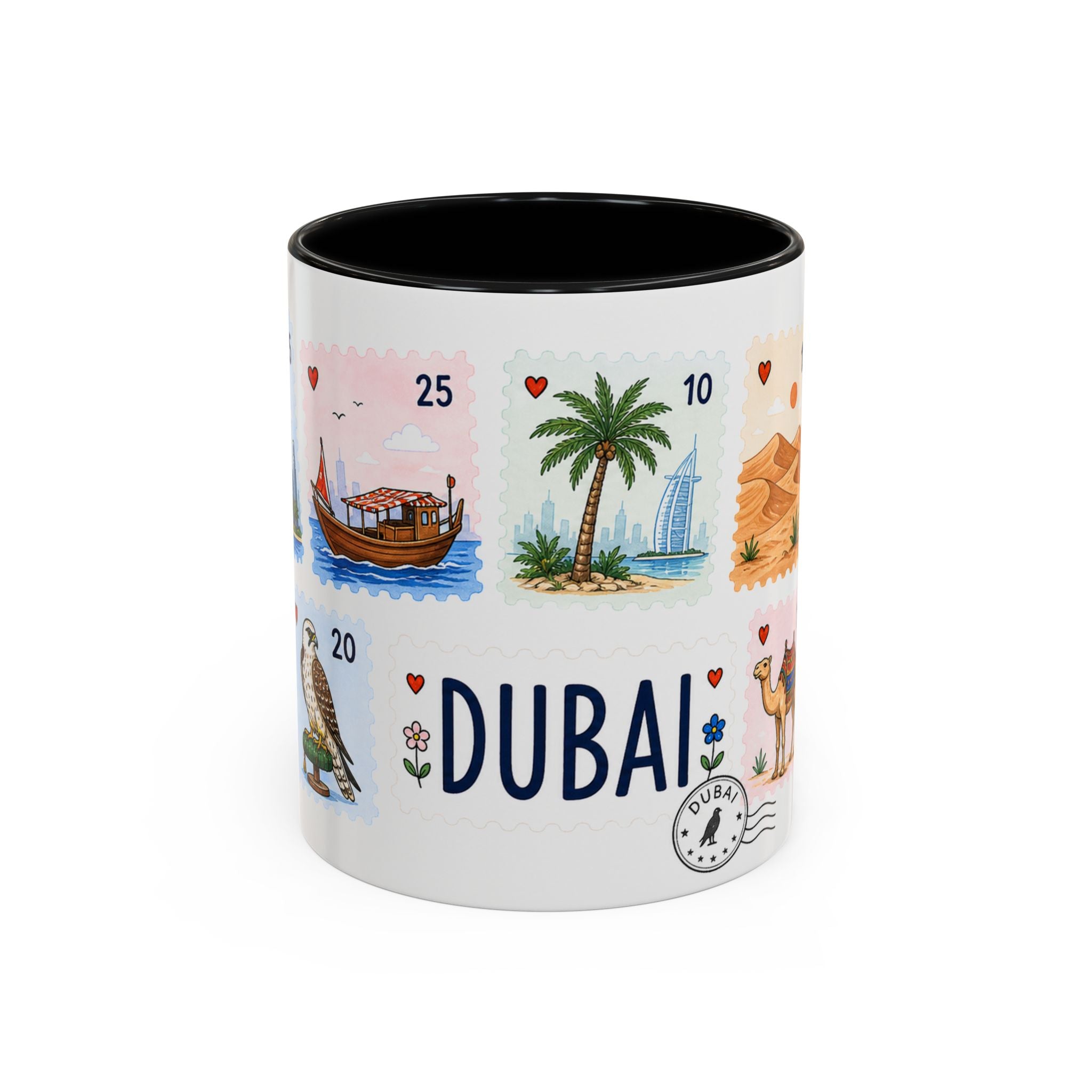 Dubai Coffee Mug | Postage Stamp Collage Mug | Travel Souvenir Accent Cup 11oz 15oz