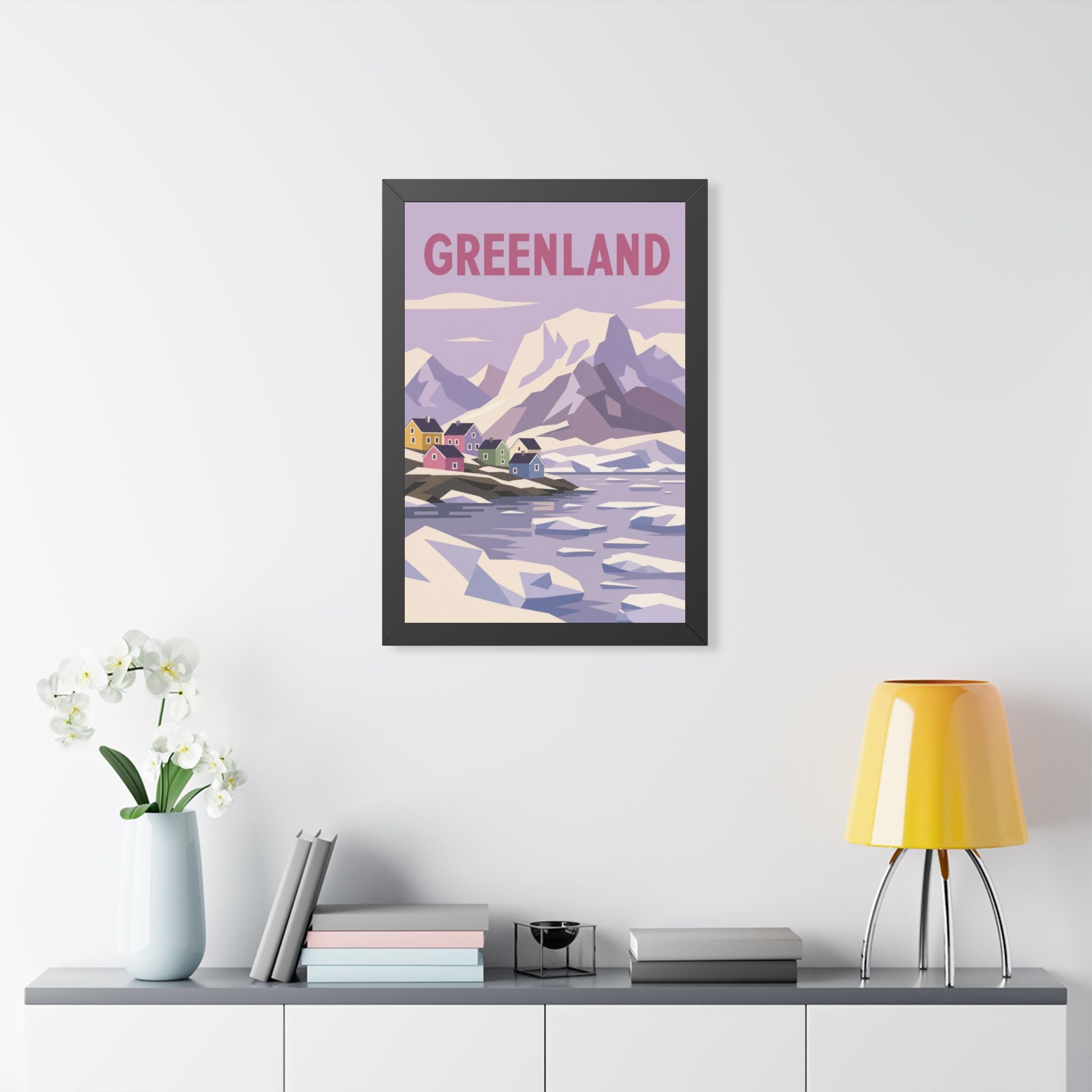 Greenland Village Greenland Framed Poster | Vintage Travel Wall Art | Black Walnut White Frame | 16x24 20x30