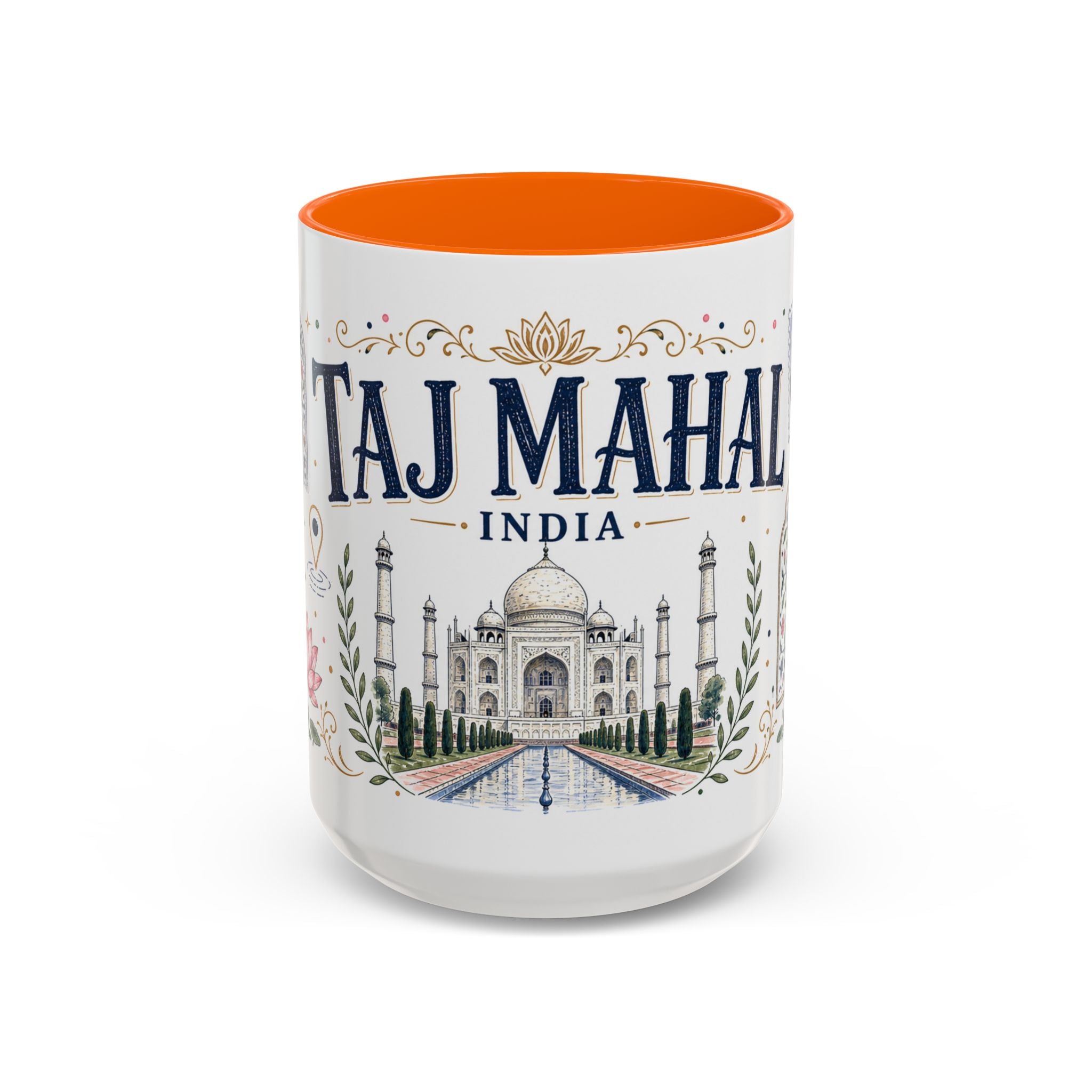 Taj Mahal Coffee Mug | Travel Destination Souvenir Gift | Accent Color Ceramic 11oz 15oz