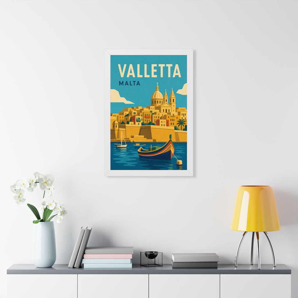 Valletta Malta Framed Poster | Vintage Travel Wall Art | Black Walnut White Frame | 16x24 20x30