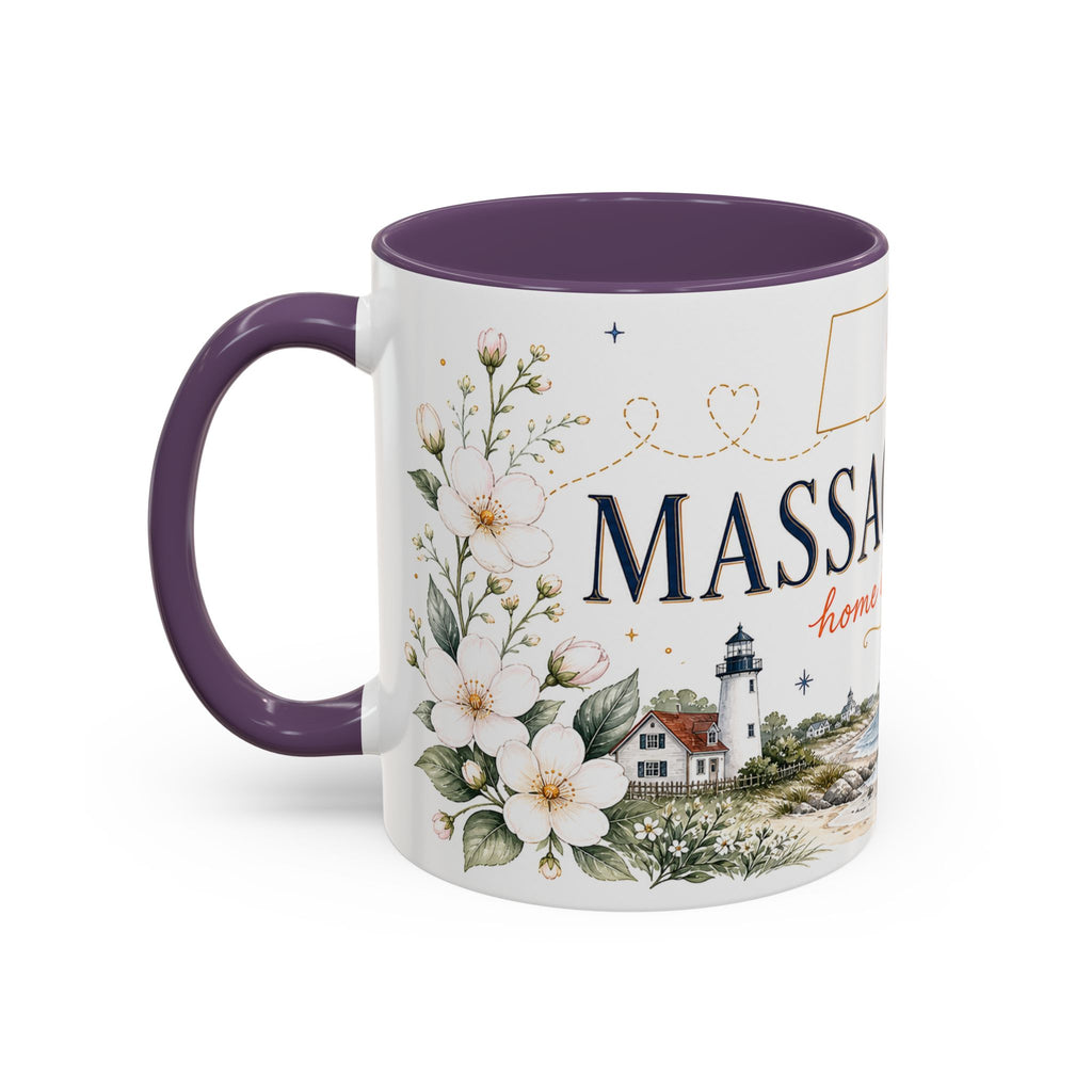 Massachusetts State Map Mug | Coastal Scene, Botanical Accents (11oz, 15oz)