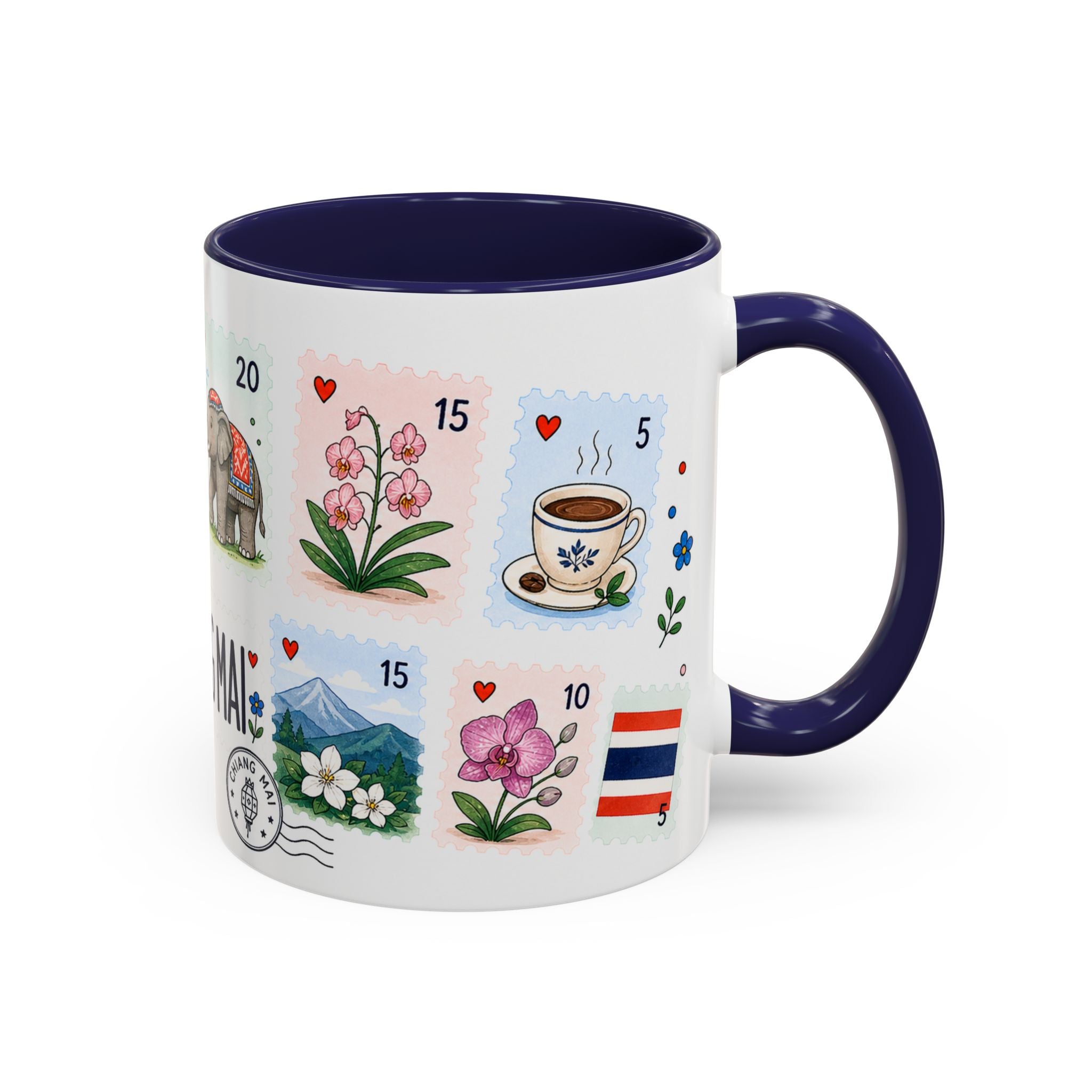 Chiang Mai Coffee Mug | Postage Stamp Collage Mug | Travel Souvenir Accent Cup 11oz 15oz