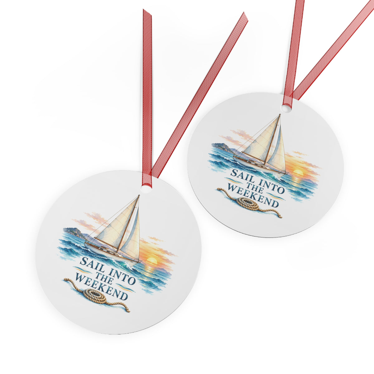 Front and back views of the double-sided round ornament with sailing artwork.