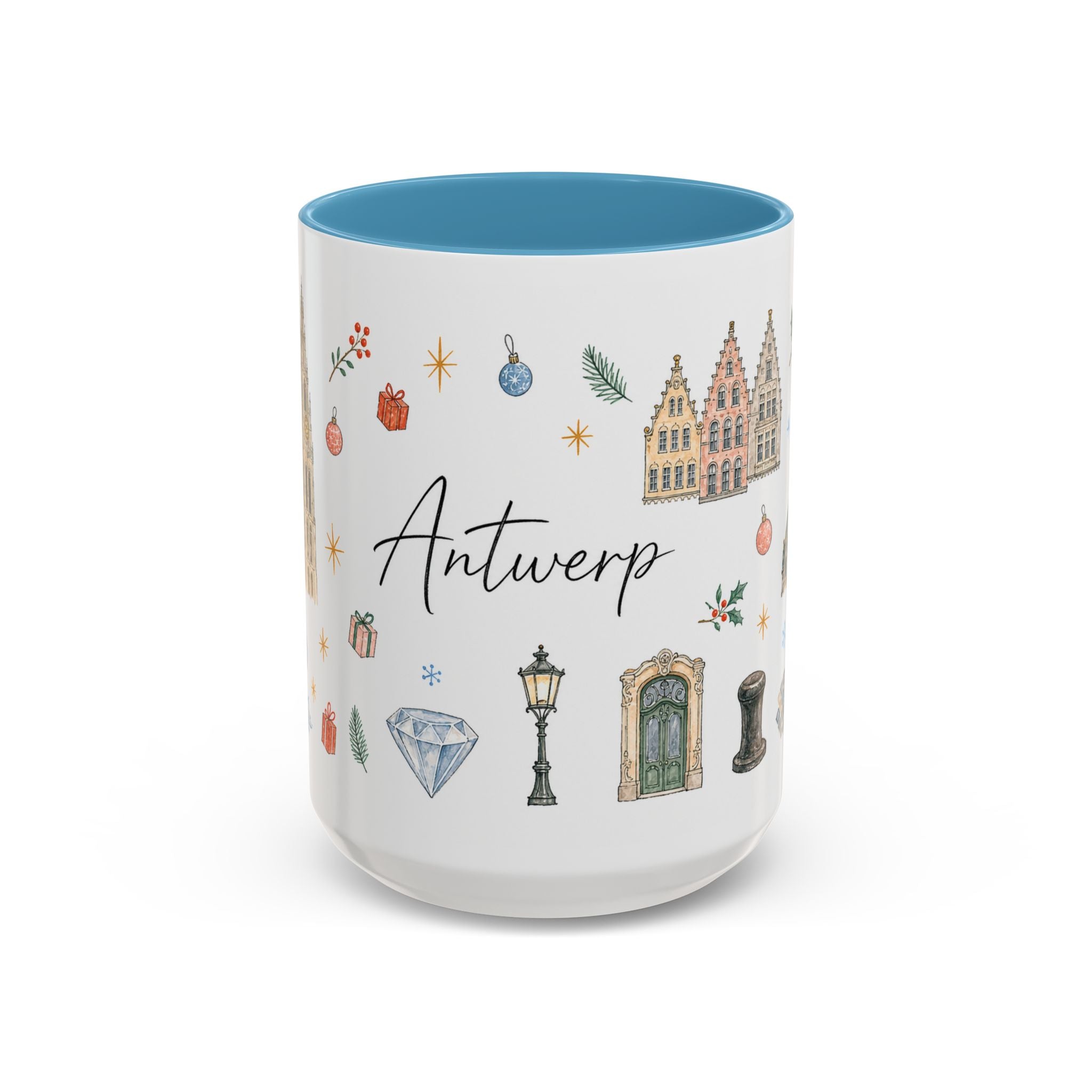 Antwerp Christmas Mug | Watercolor Travel Souvenir | Holiday Gift | Accent Ceramic Coffee Cup 11oz 15oz